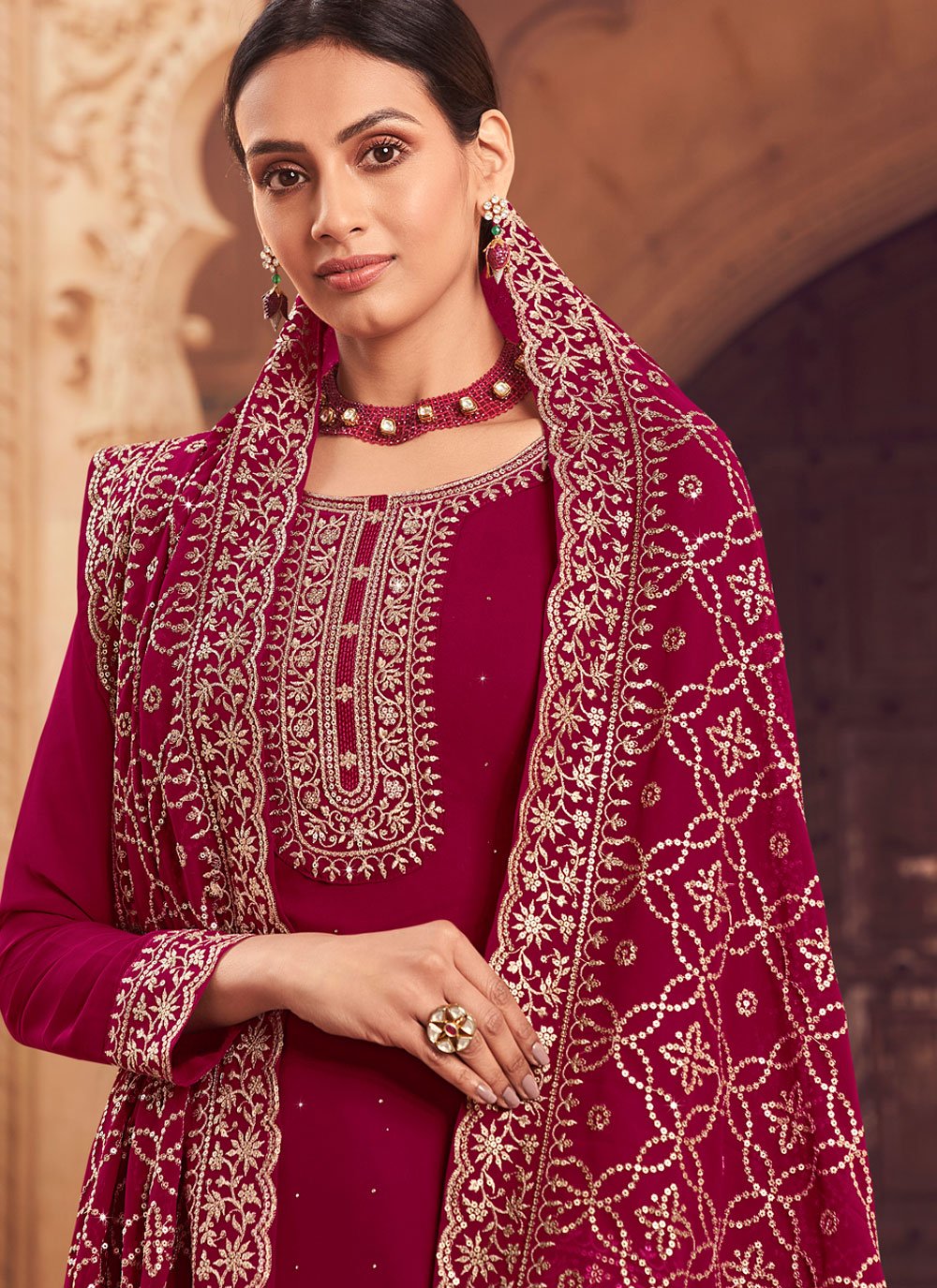 Pakistani Salwar Suit Georgette Maroon Embroidered Salwar Kameez