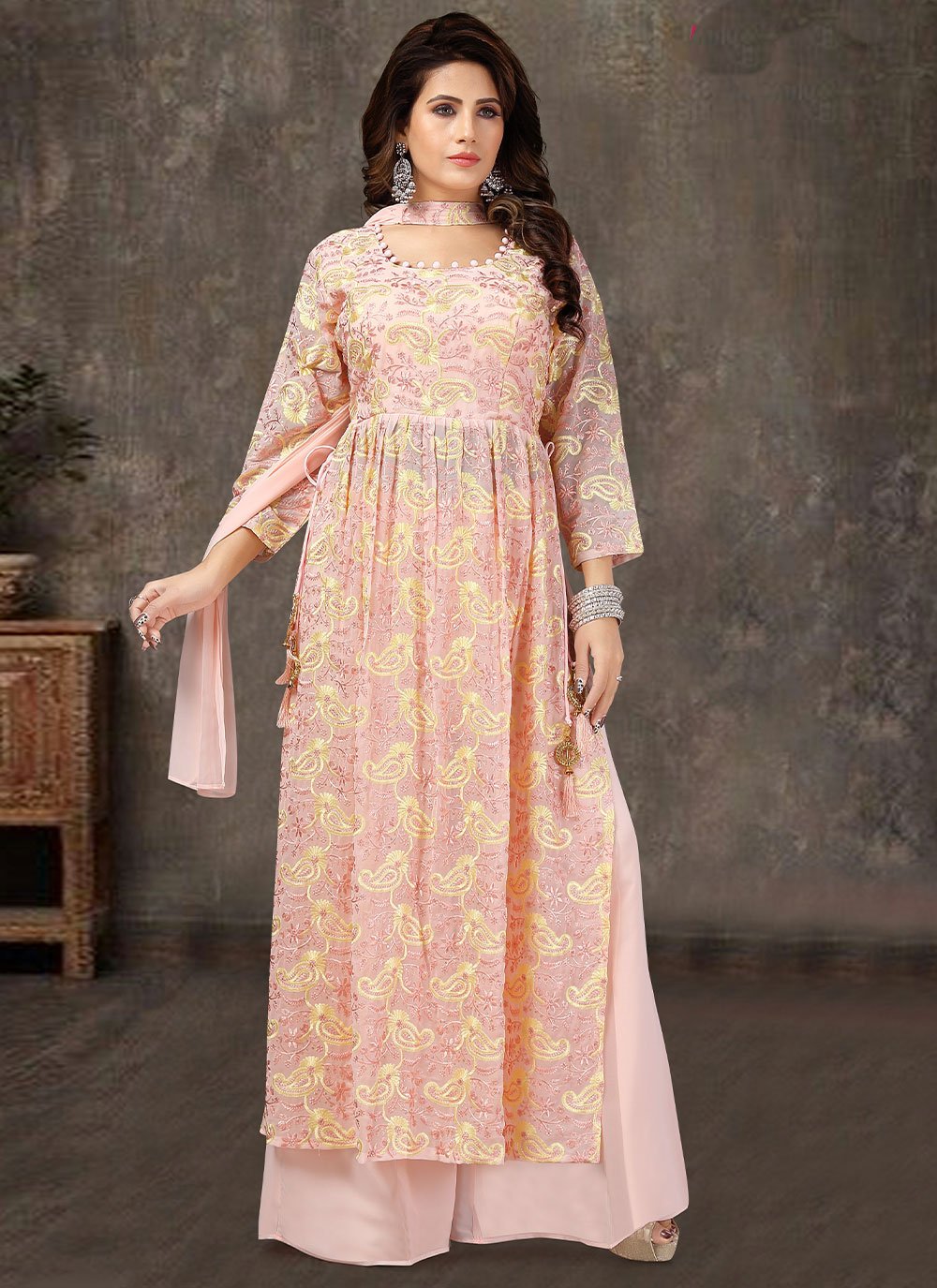 Palazzo Salwar Suit Georgette Peach Embroidered Salwar Kameez