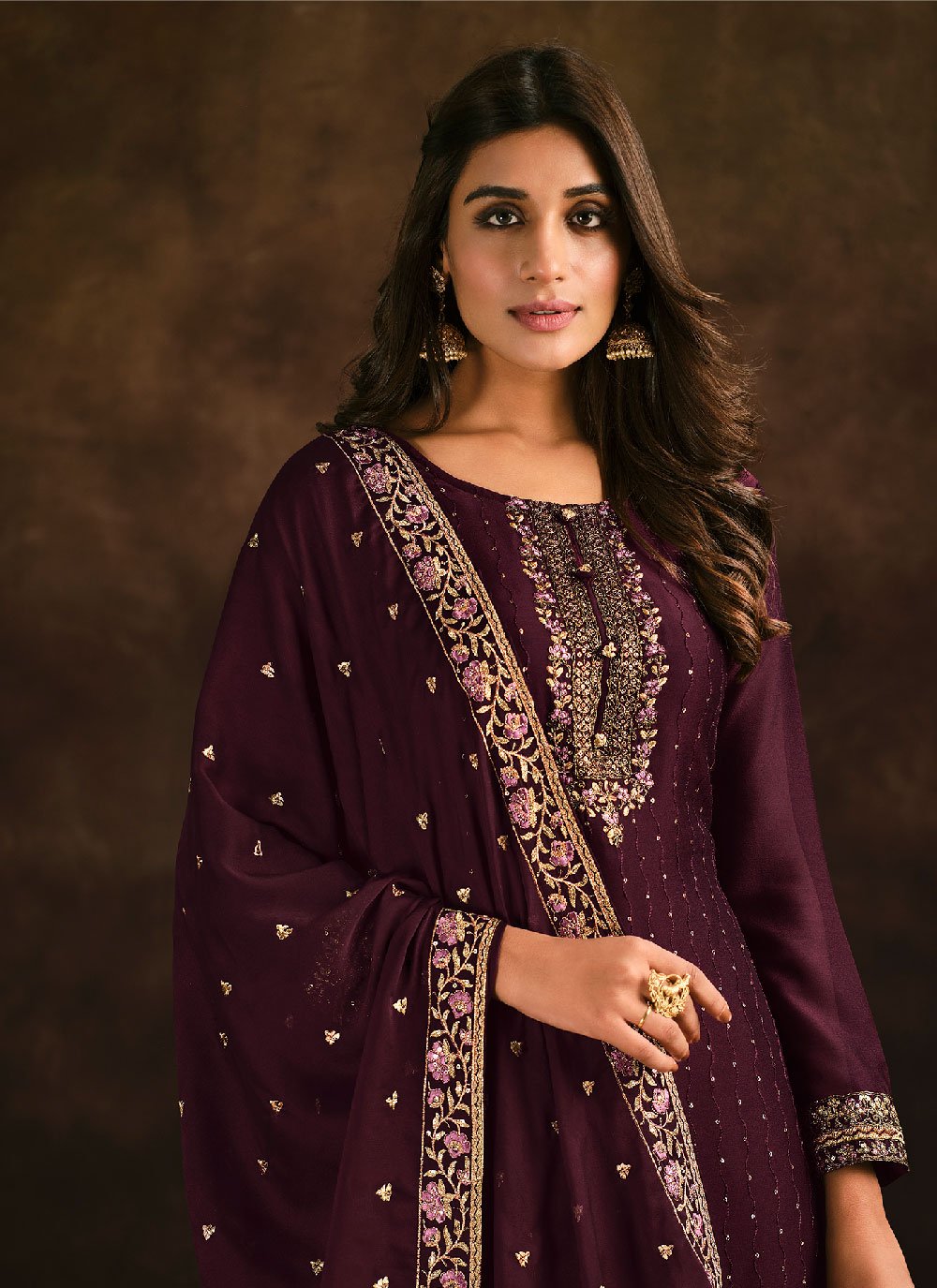 Floor Lenght Salwar Suit Georgette Purple Embroidered Salwar Kameez