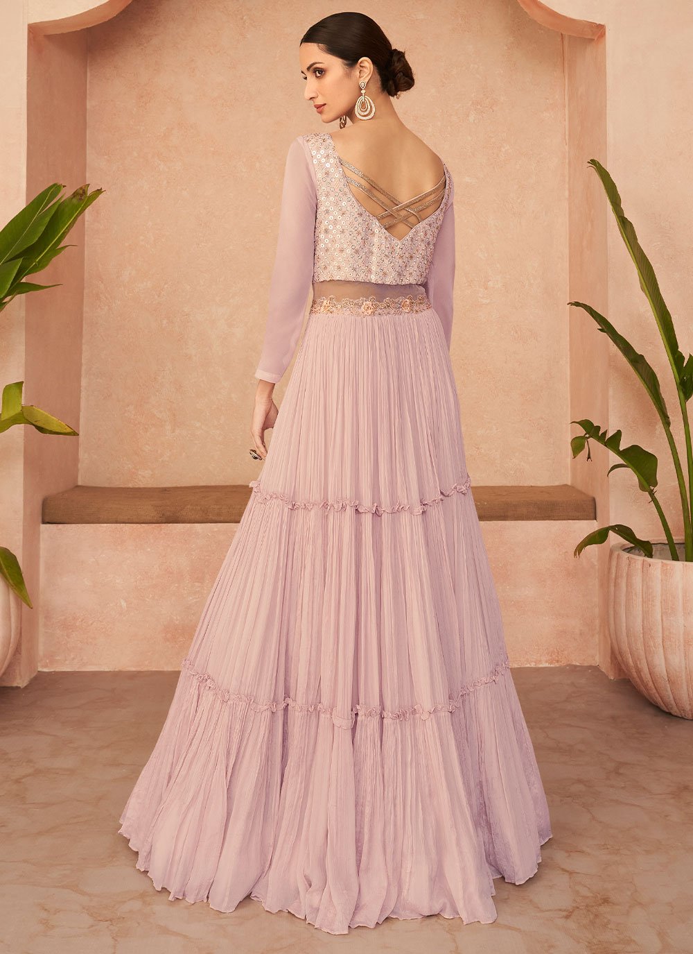Gown Georgette Pink Embroidered Gown
