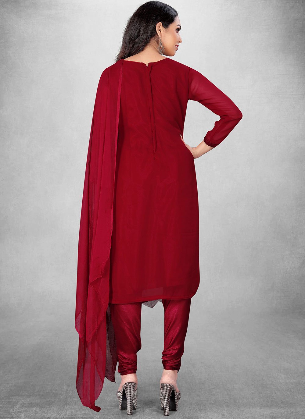 Straight Salwar Suit Georgette Red Embroidered Salwar Kameez