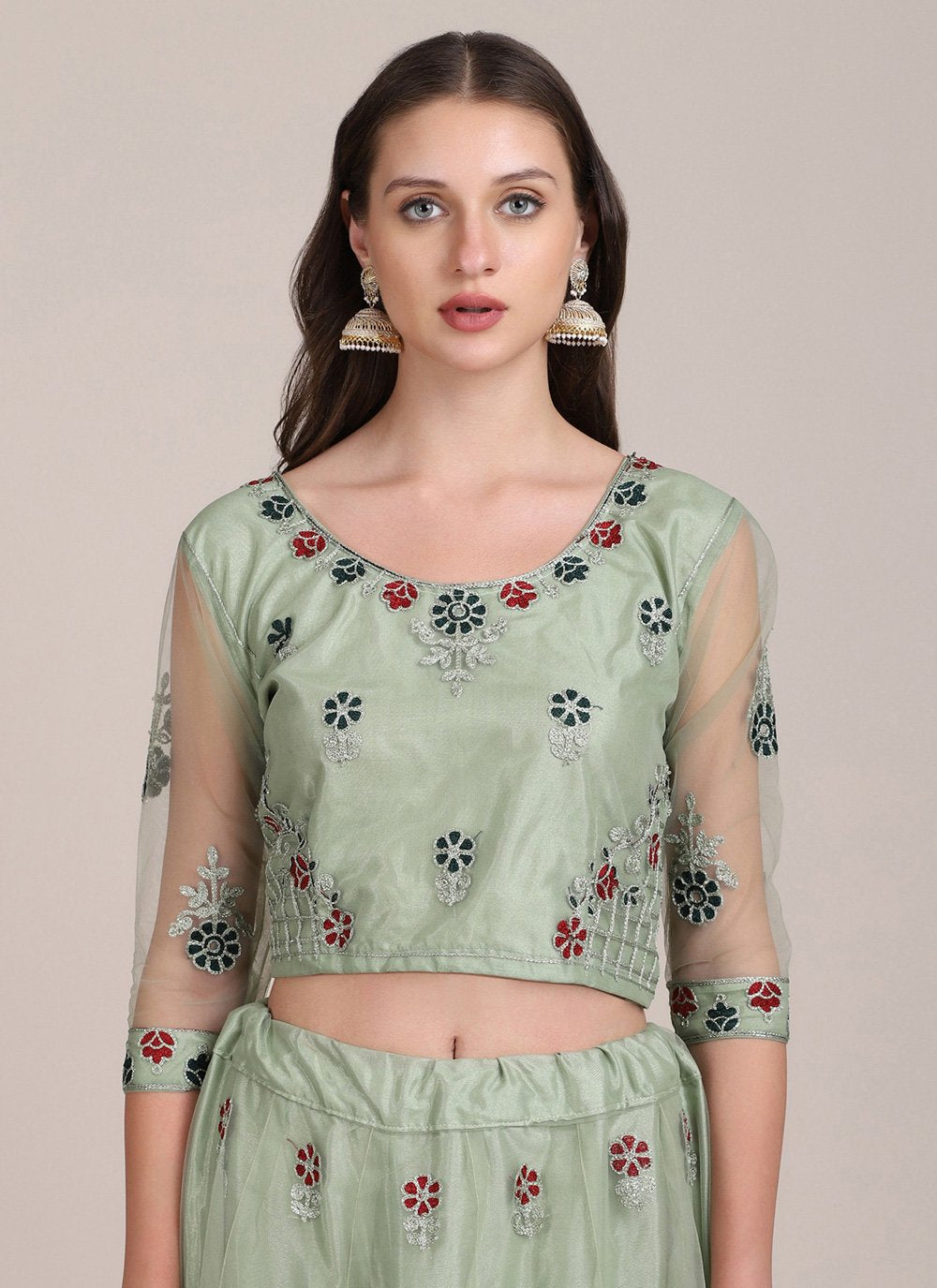 A Line Lehenga Net Green Embroidered Lehenga Choli