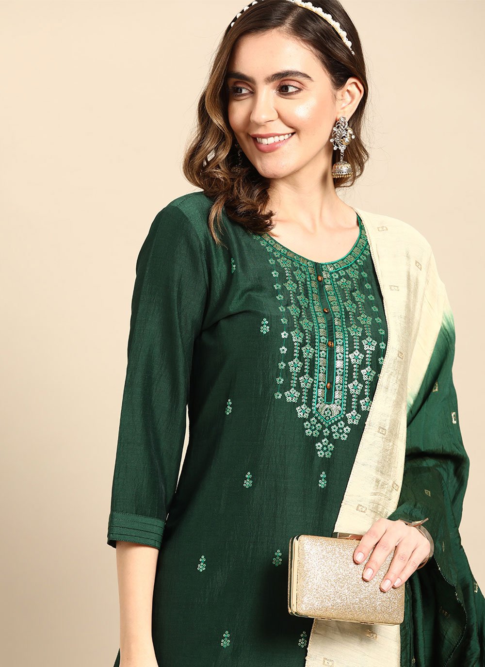 Salwar Suit Chinon Green Embroidered Salwar Kameez