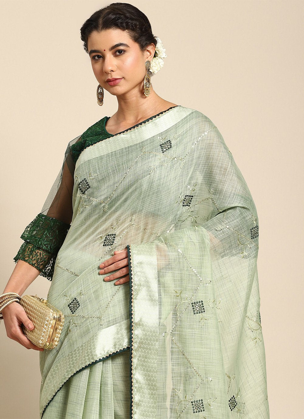 Contemporary Poly Cotton Green Embroidered Saree