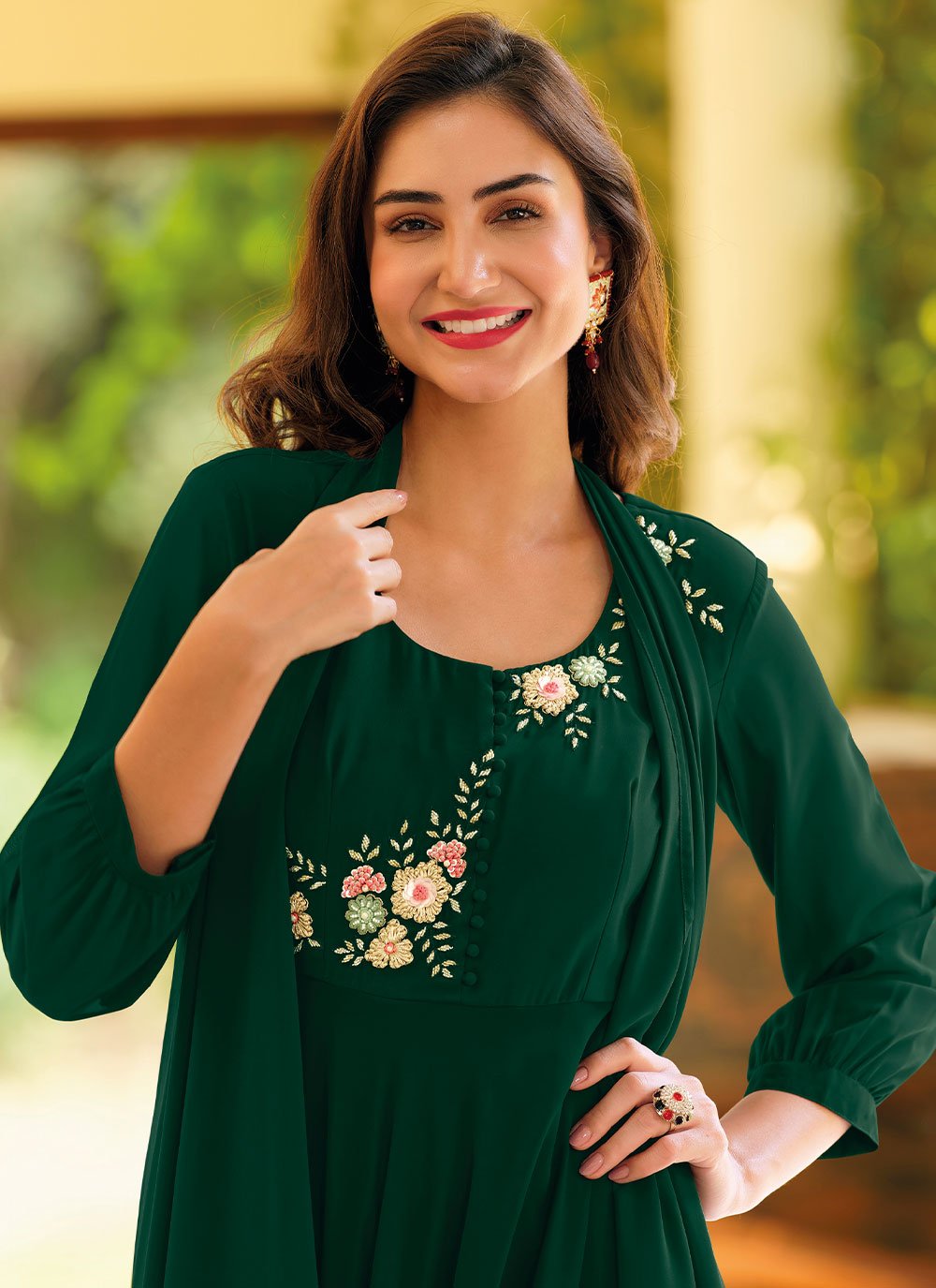 Gown Georgette Green Embroidered Gown