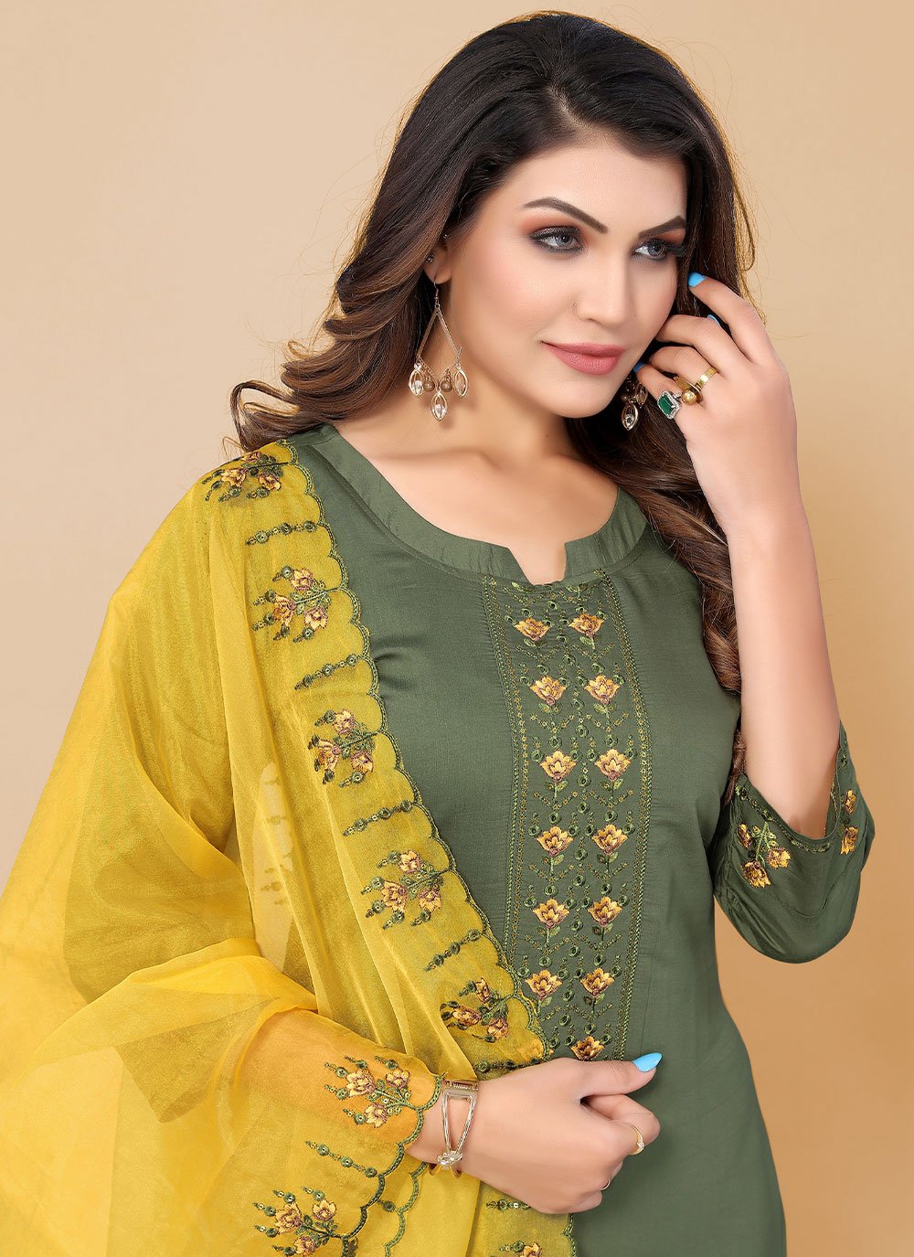 Pant Style Suit Chinon Green Embroidered Salwar Kameez