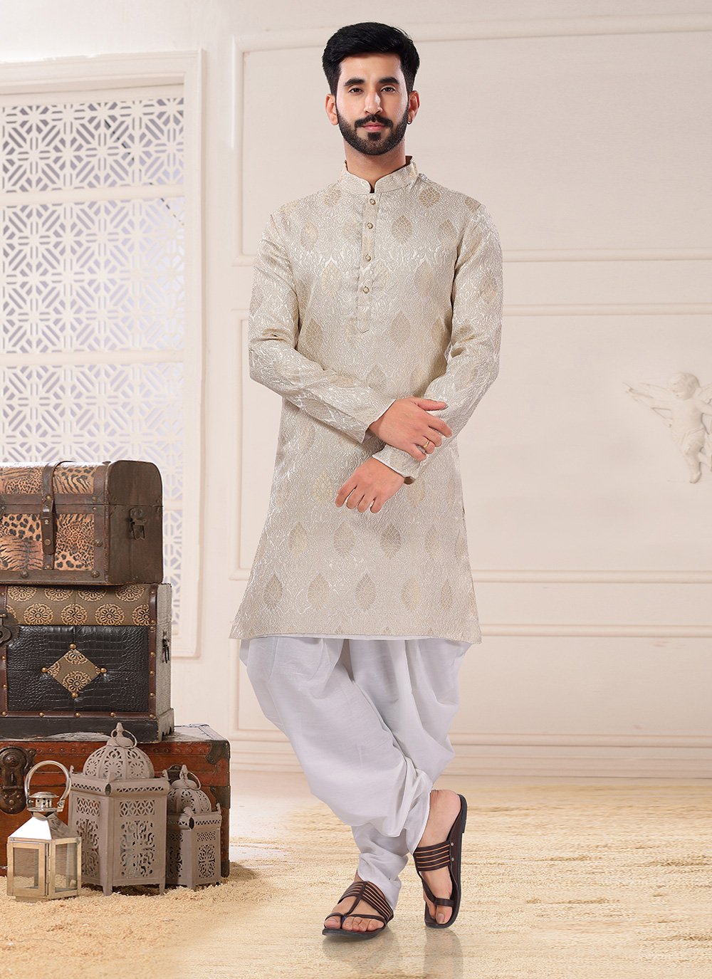 Dhoti Kurta Jacquard Cream Embroidered Mens