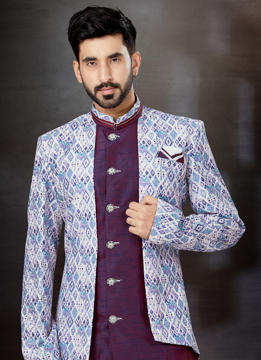 Indo Western Sherwani Dupion Silk Jacquard Multi Colour Wine Embroidered Mens