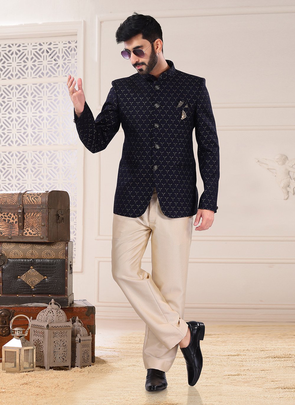 Jodhpuri Suit Jacquard Blue Embroidered Mens