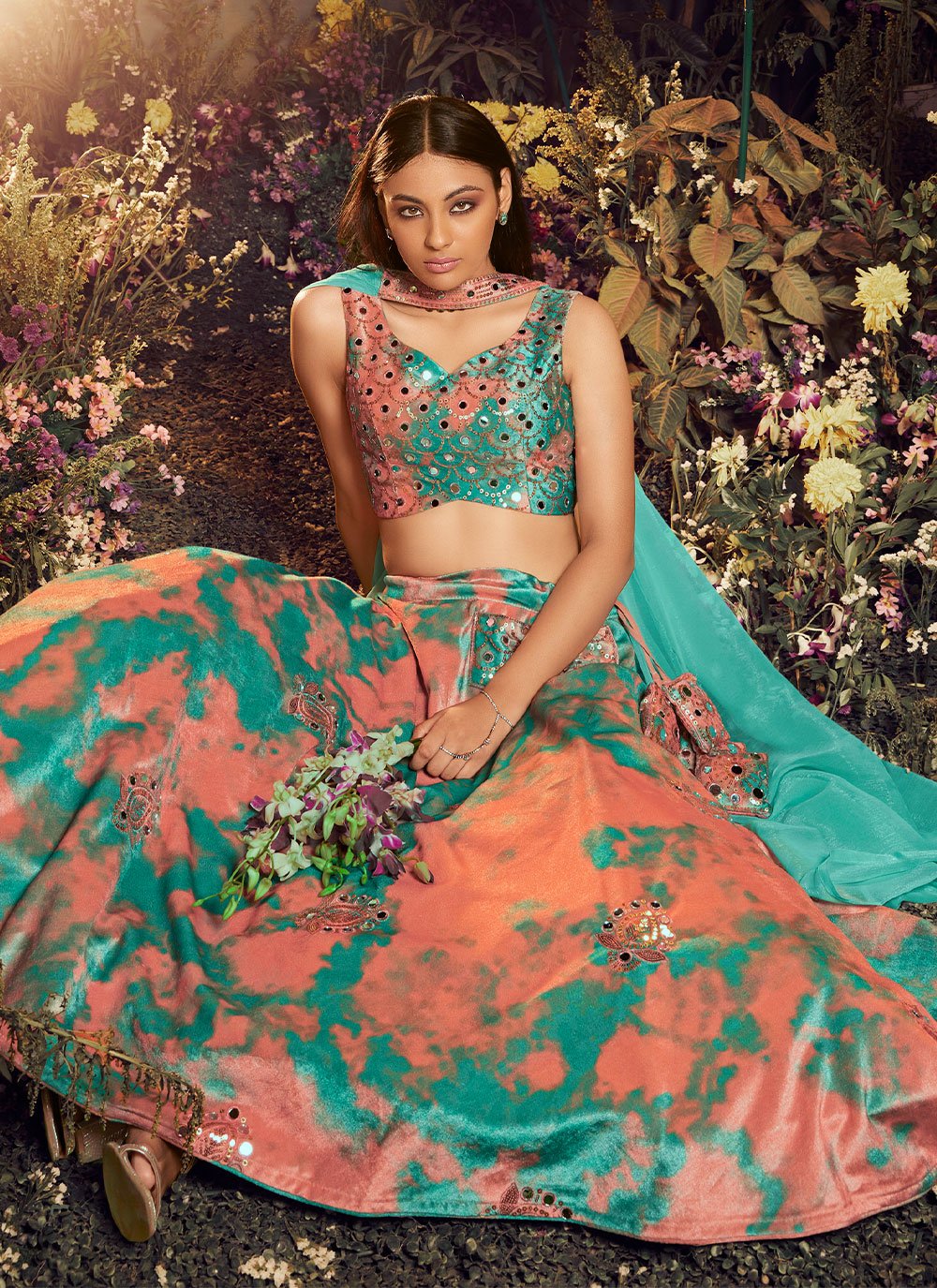 Lehenga Choli Velvet Peach Turquoise Embroidered Lehenga Choli