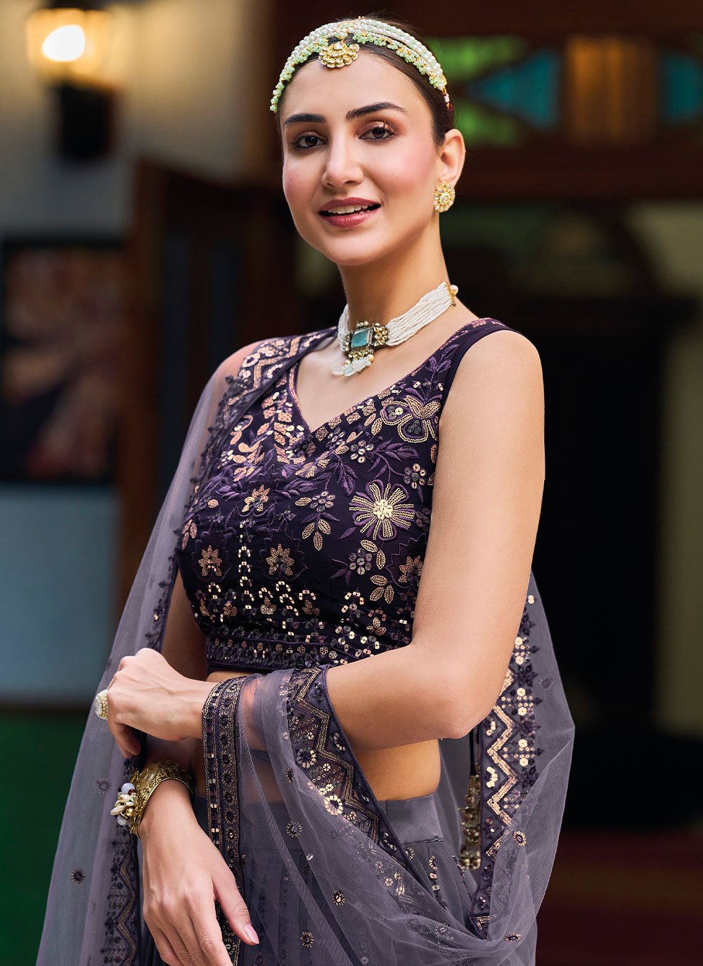 Lehenga Choli Georgette Violet Embroidered Lehenga Choli