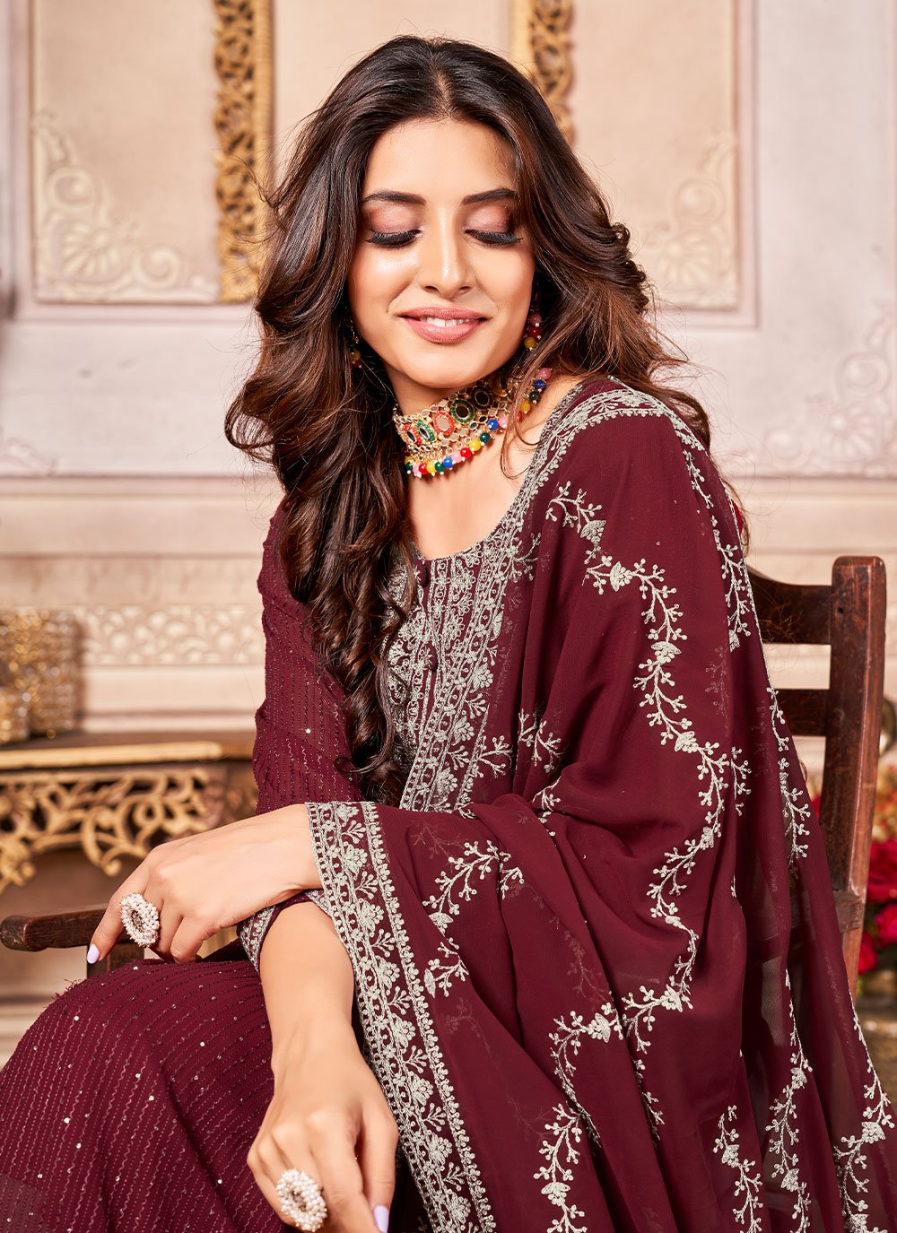 Pant Style Suit Faux Georgette Maroon Embroidered Salwar Kameez