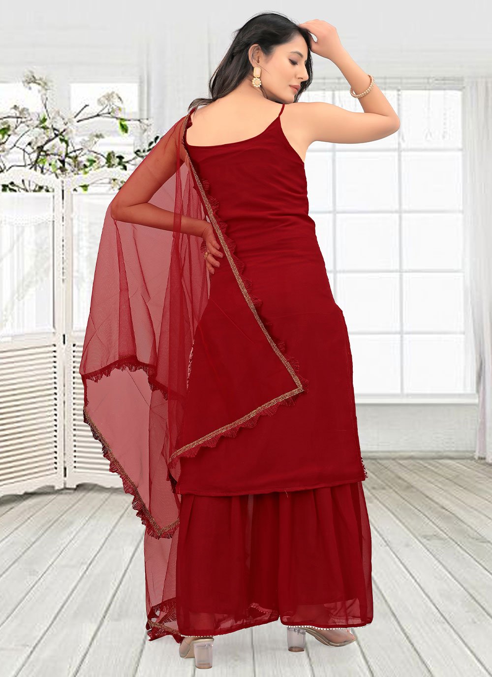 Salwar Suit Faux Georgette Maroon Embroidered Salwar Kameez