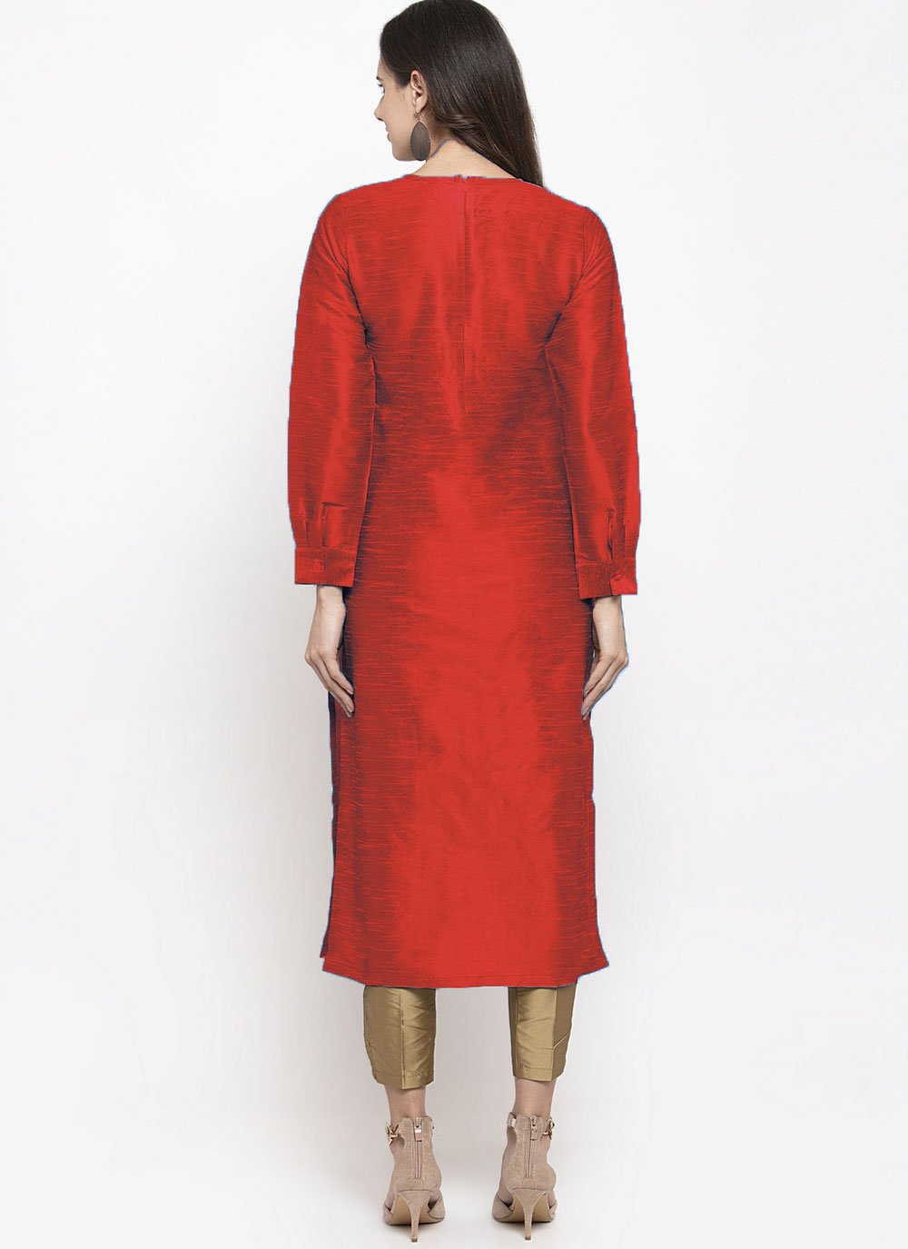 Casual Kurti Dupion Silk Red Embroidered Kurtis