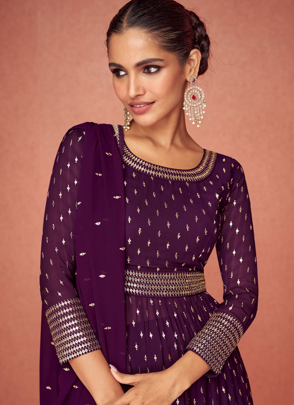 Palazzo Salwar Suit Georgette Purple Embroidered Salwar Kameez