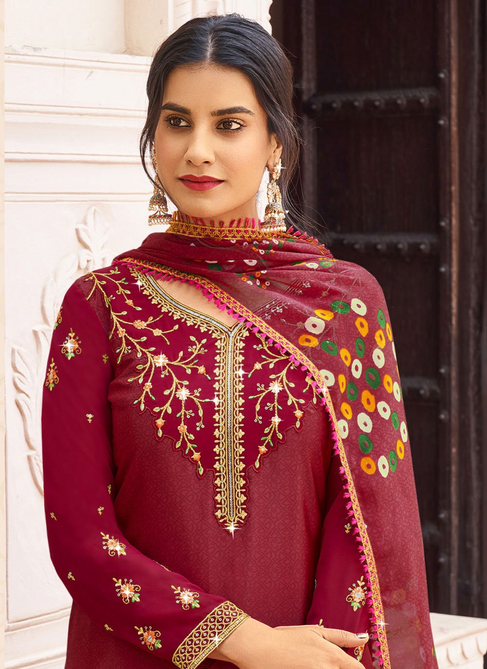 Salwar Suit Faux Crepe Maroon Diamond Salwar Kameez