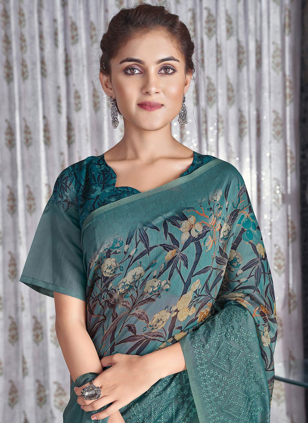 Classic Linen Morpeach Embroidered Saree