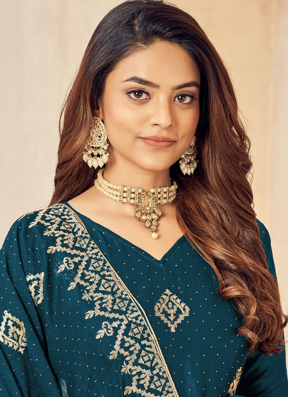 Pant Style Suit Vichitra Silk Morpeach Embroidered Salwar Kameez