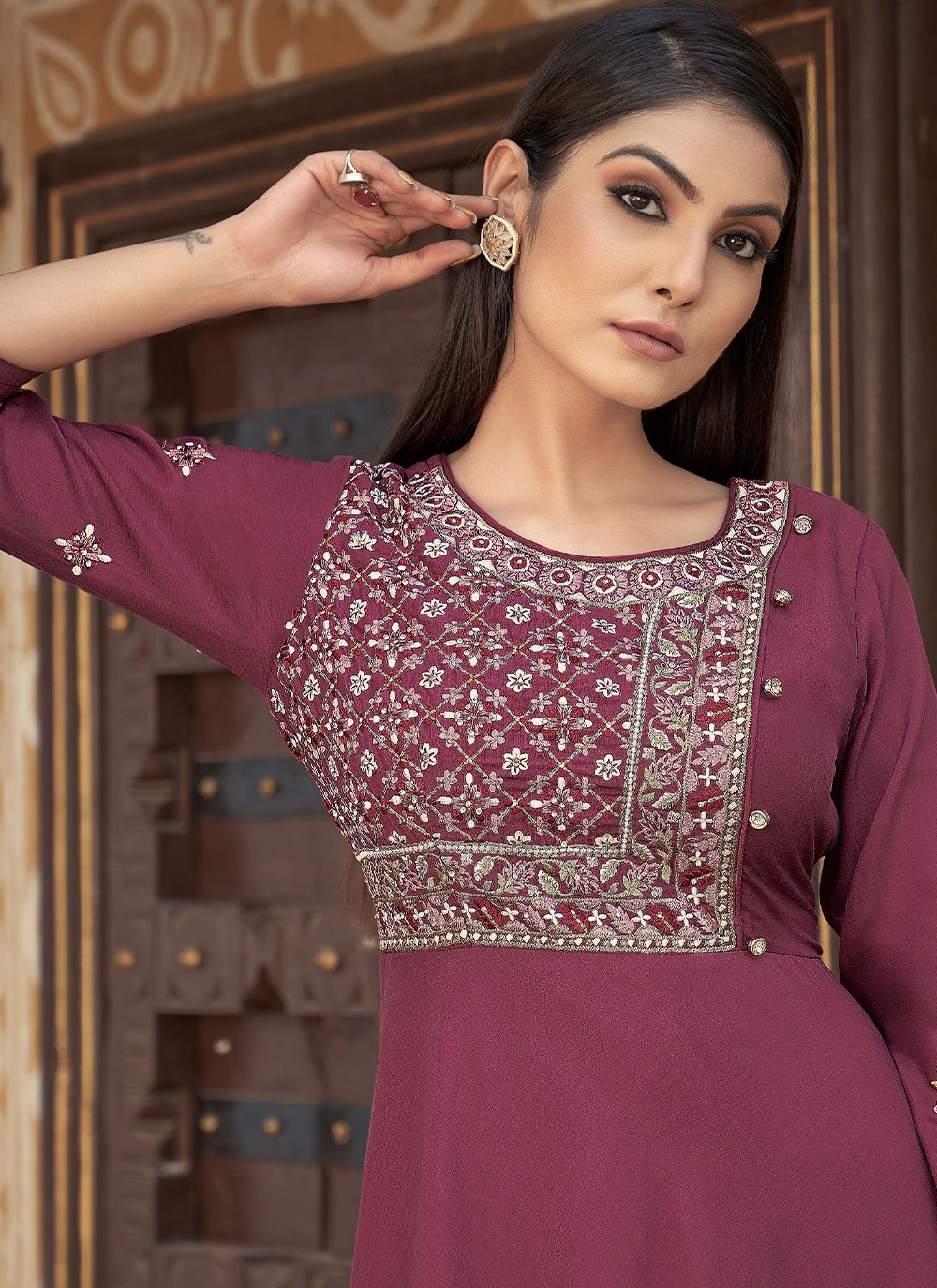 Gown Muslin Purple Embroidered Gown