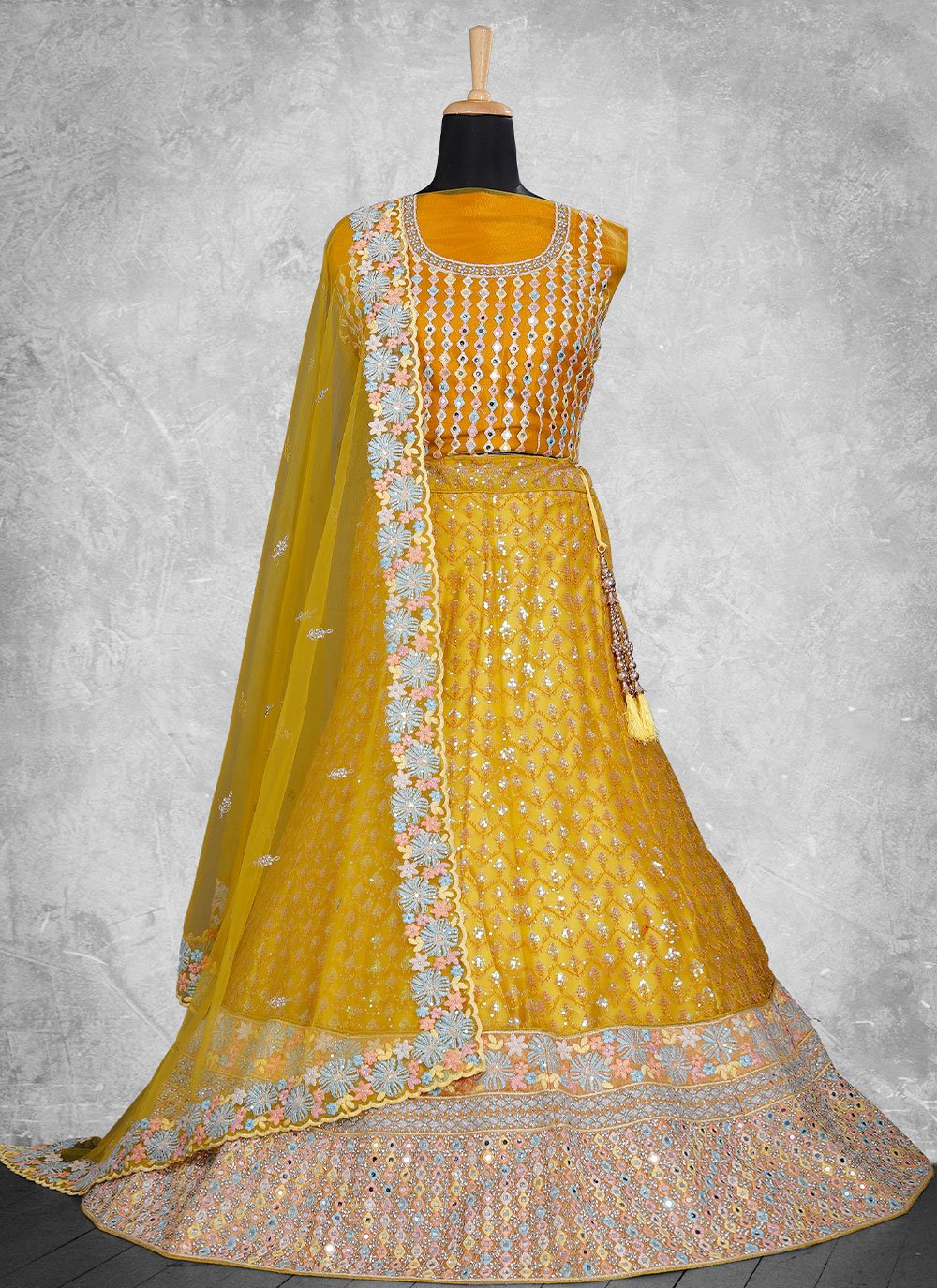 A Line Lehenga Georgette Mustard Embroidered Lehenga Choli