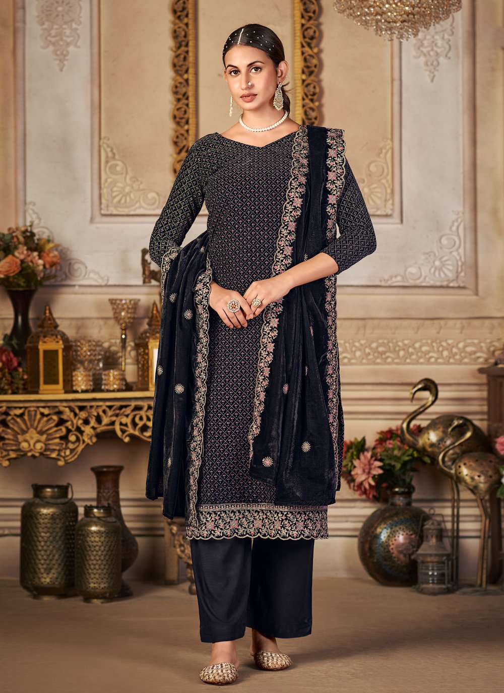 A Line Lehenga Velvet Blue Embroidered Salwar Kameez