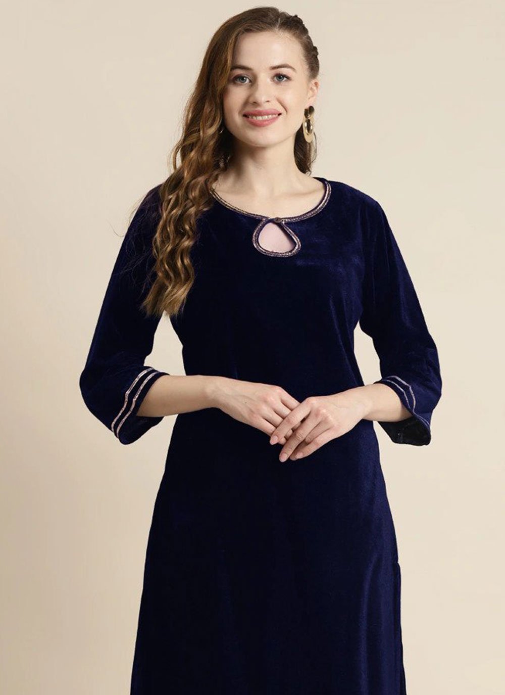 Casual Kurti Velvet Blue Embroidered Kurtis