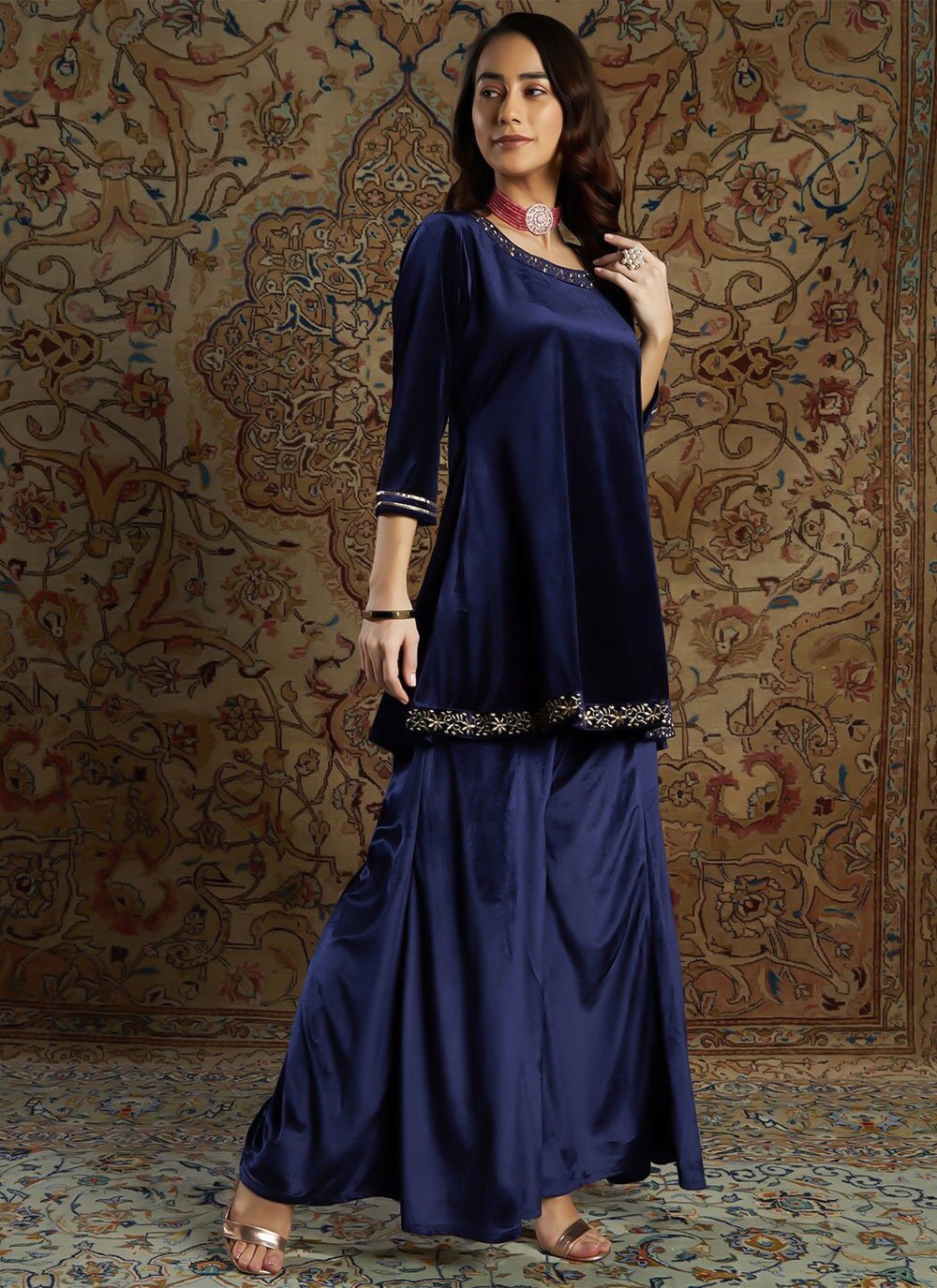 Designer Kurti Velvet Blue Embroidered Kurtis
