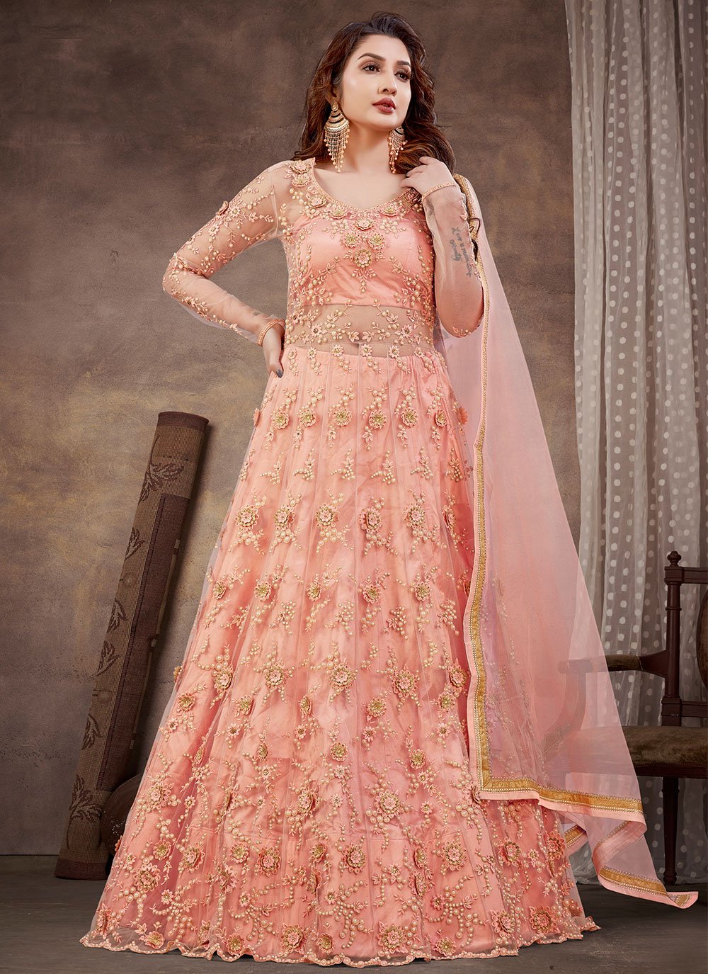 Floor Lenght Salwar Suit Net Peach Embroidered Salwar Kameez