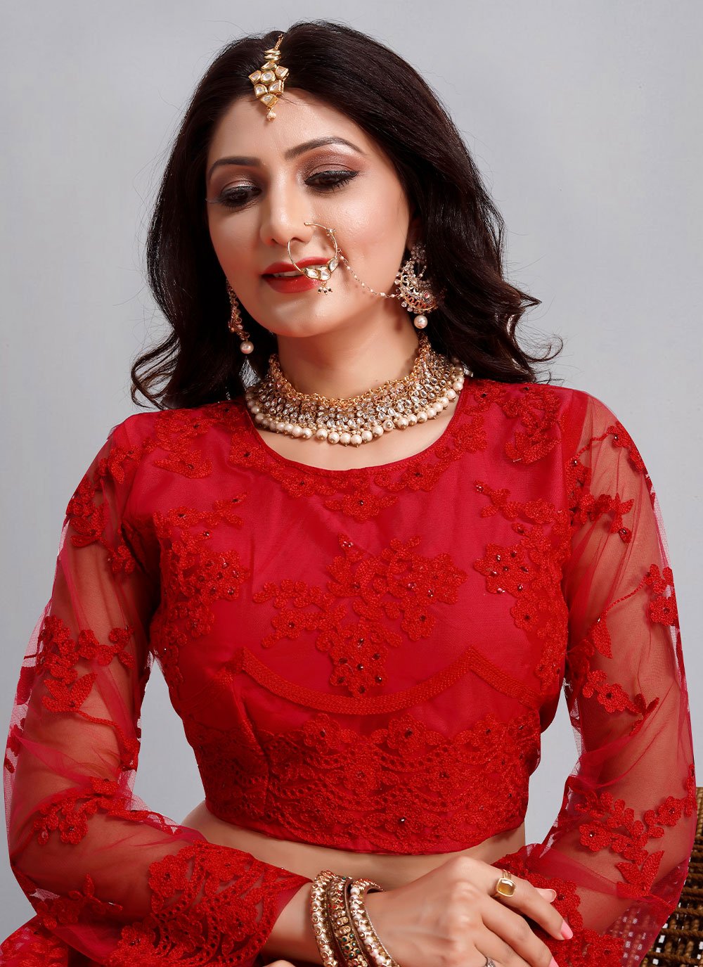 Lehenga Choli Net Red Embroidered Lehenga Choli