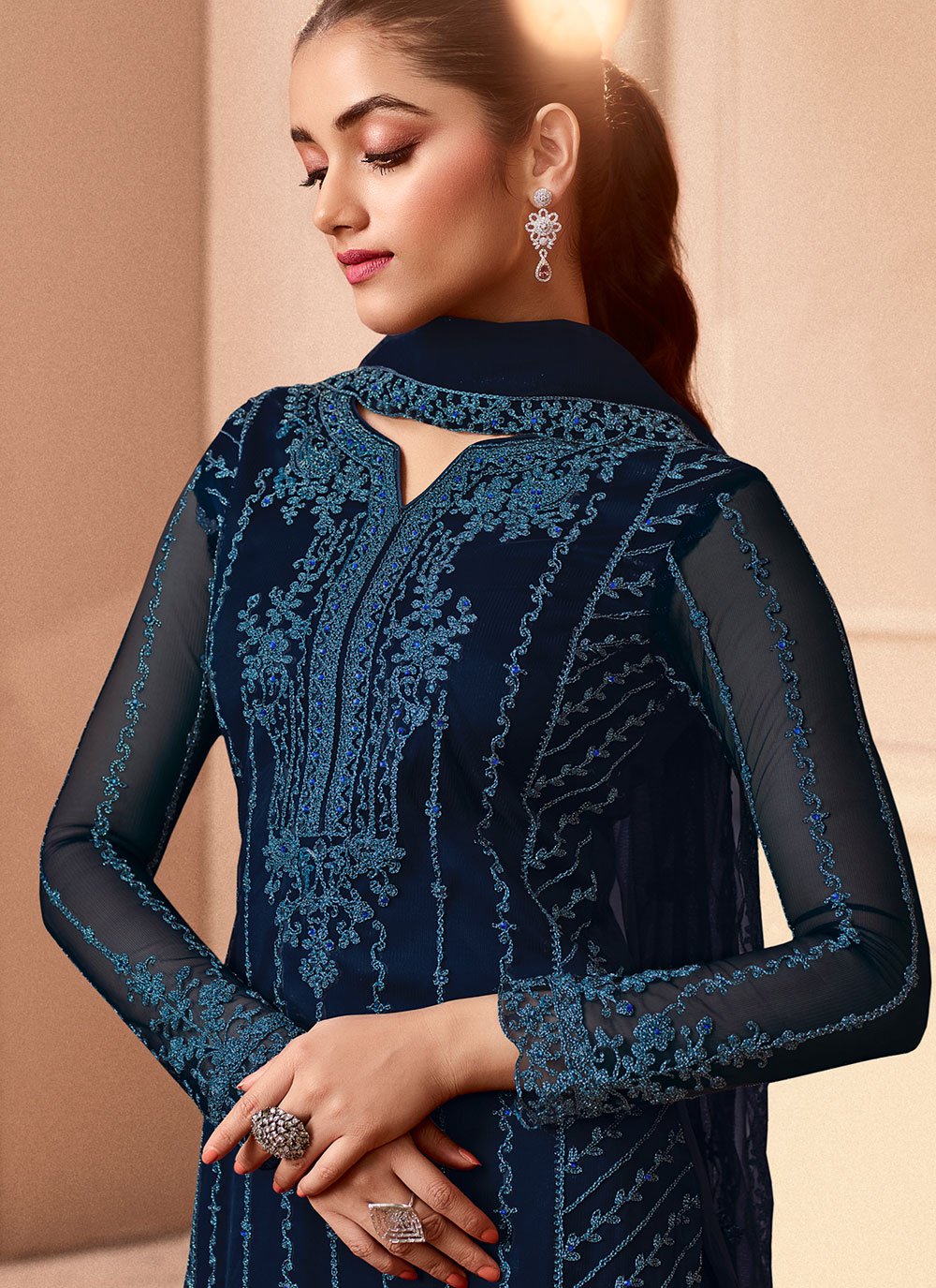 Salwar Suit Net Blue Embroidered Salwar Kameez