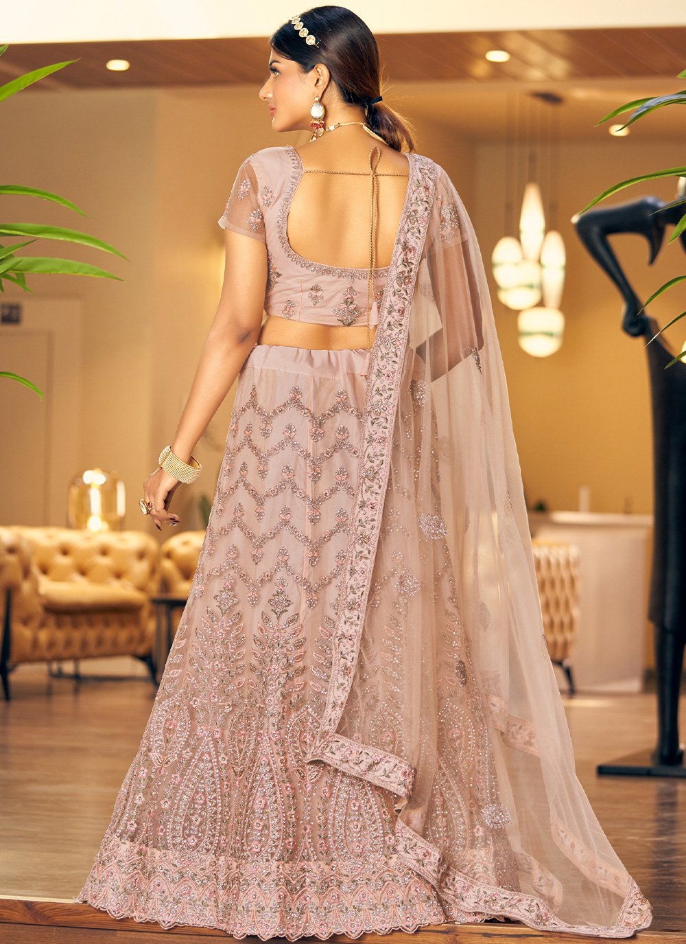 Lehenga Choli Net Peach Diamond Lehenga Choli
