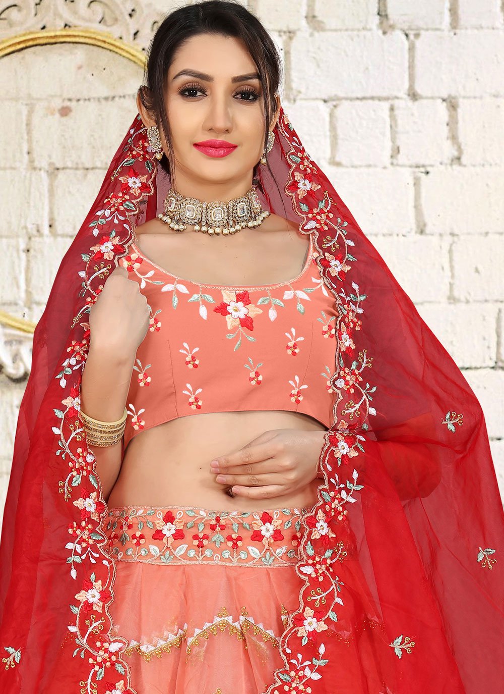 Lehenga Choli Organza Peach Embroidered Lehenga Choli