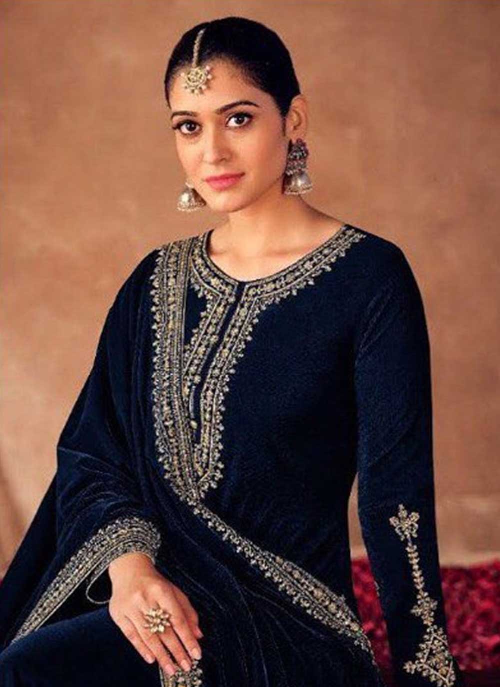 Pant Style Suit Velvet Blue Embroidered Salwar Kameez