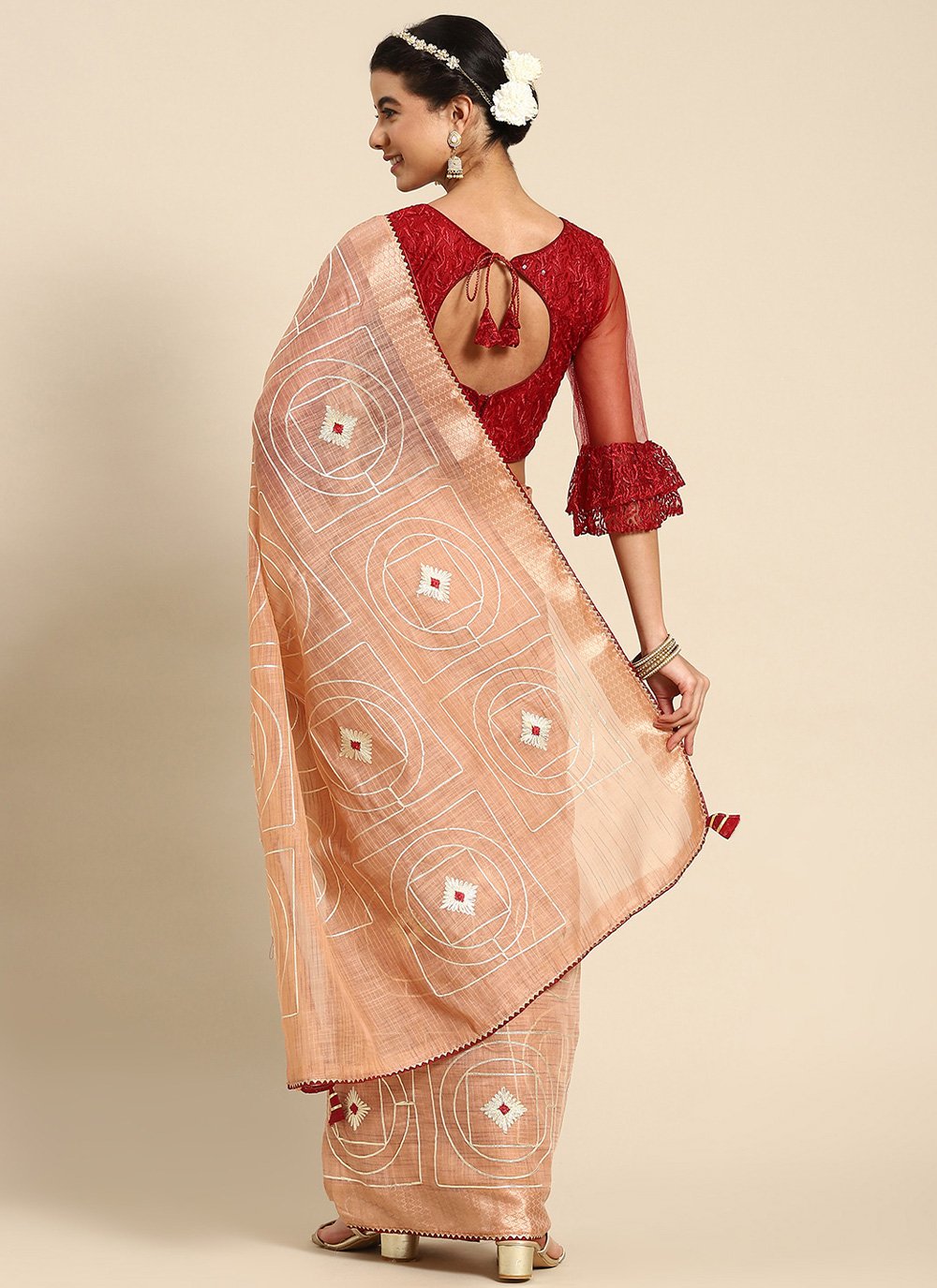Casual Poly Cotton Peach Embroidered Saree
