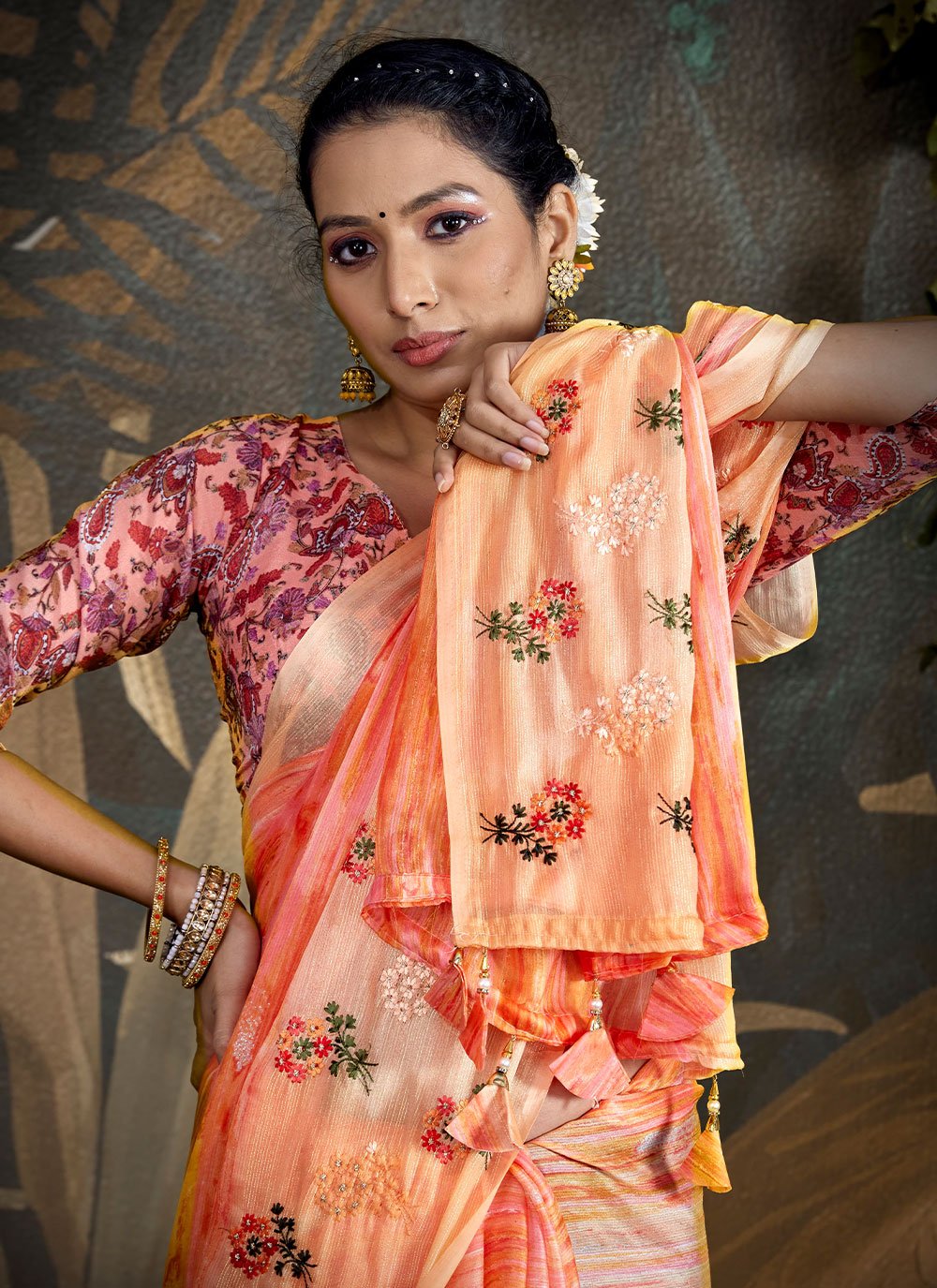 Classic Foil Peach Embroidered Saree