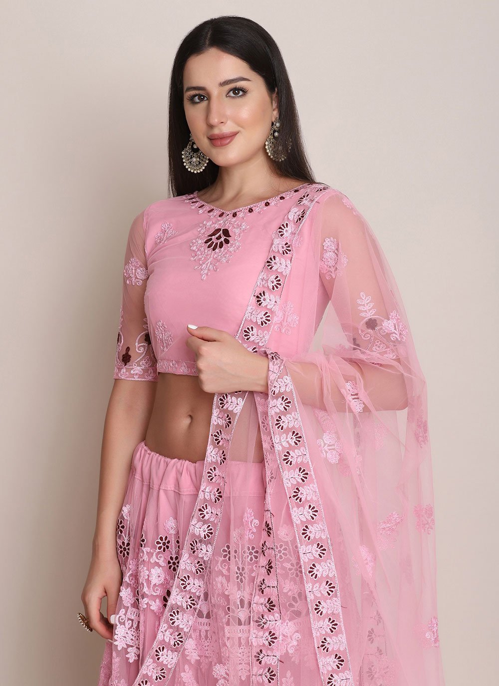 A Line Lehenga Net Pink Embroidered Lehenga Choli