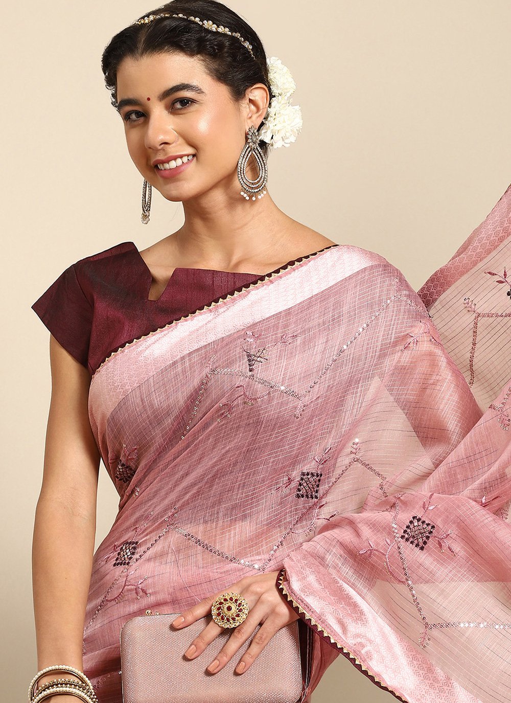 Casual Poly Cotton Pink Embroidered Saree