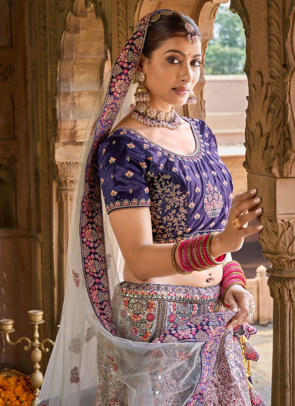 A Line Lehenga Velvet Purple Embroidered Lehenga Choli