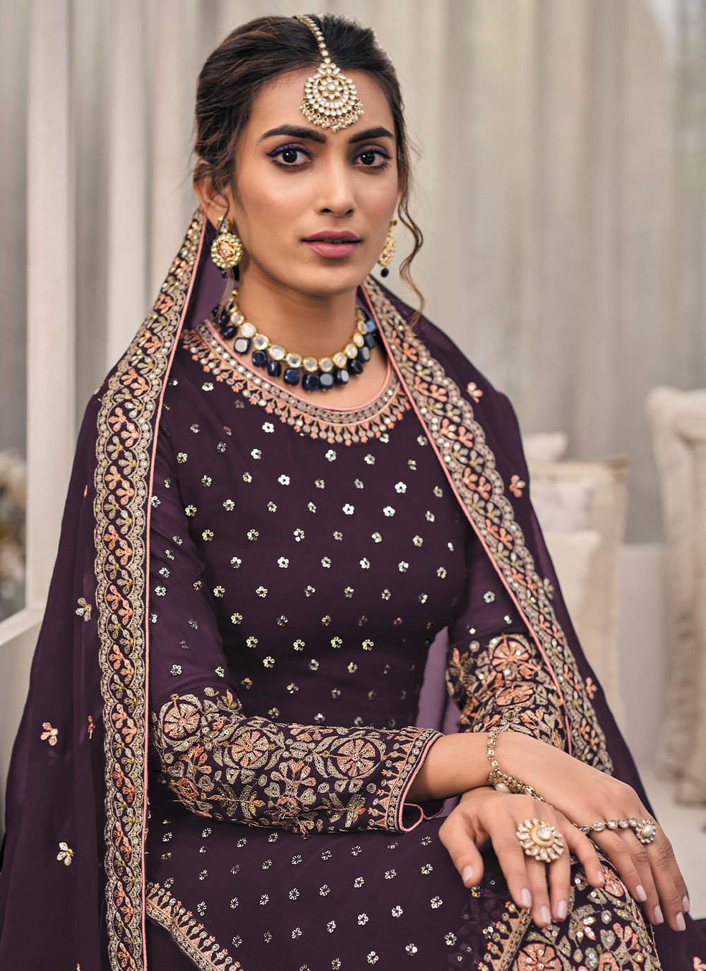 Palazzo Salwar Suit Georgette Purple Embroidered Salwar Kameez