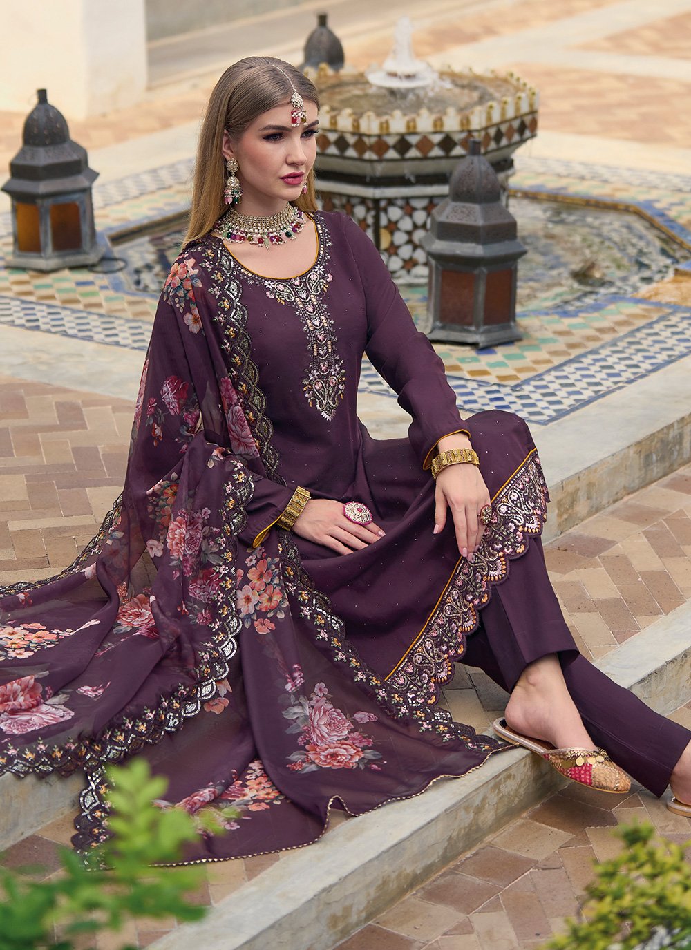Salwar Suit Silk Viscose Purple Embroidered Salwar Kameez