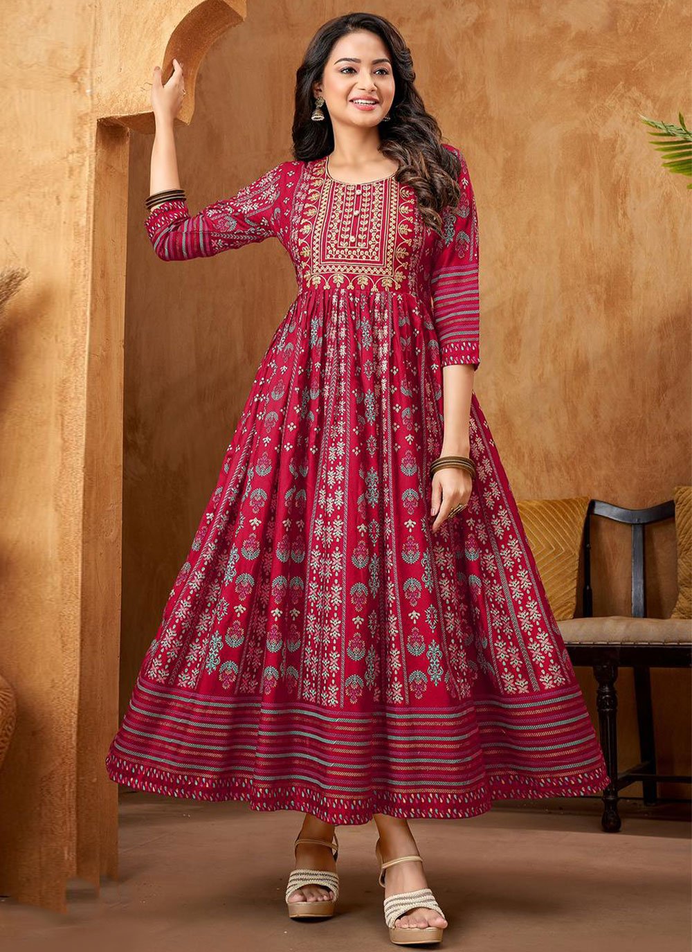 Floor Length Kurti Rayon Rani Embroidered Kurtis