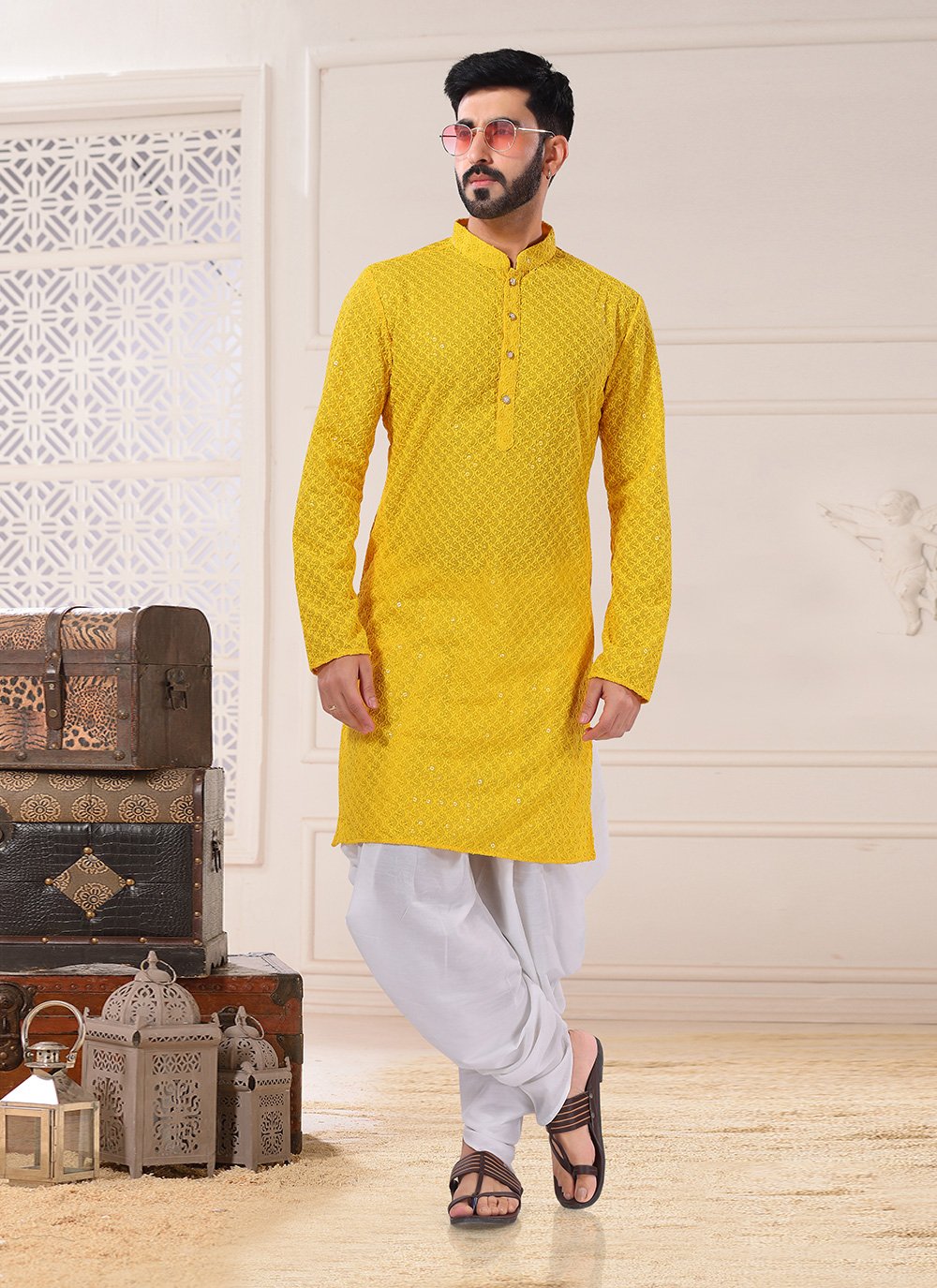 Dhoti Kurta Rayon Yellow Chikankari Work Mens