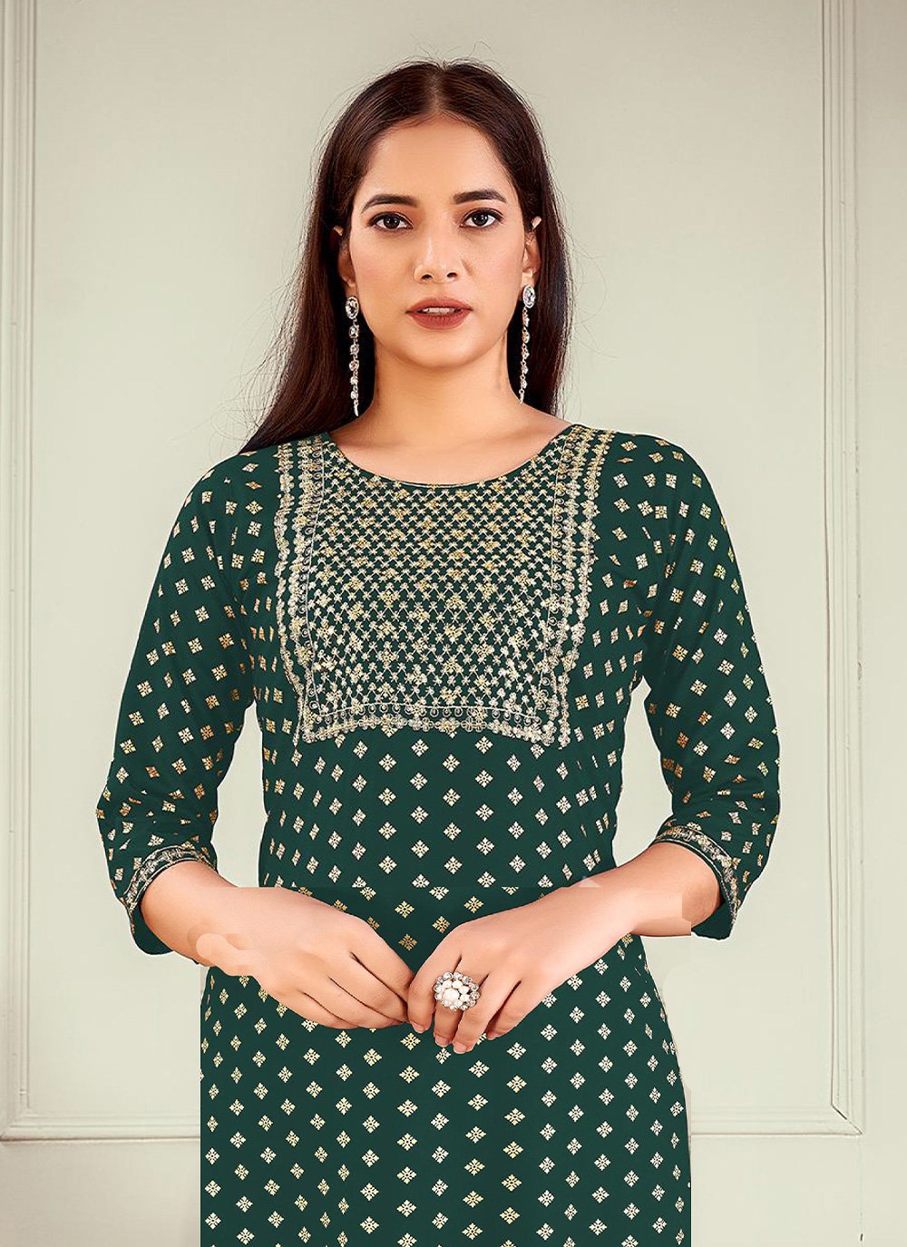 Party Wear Kurti Rayon Green Embroidered Kurtis
