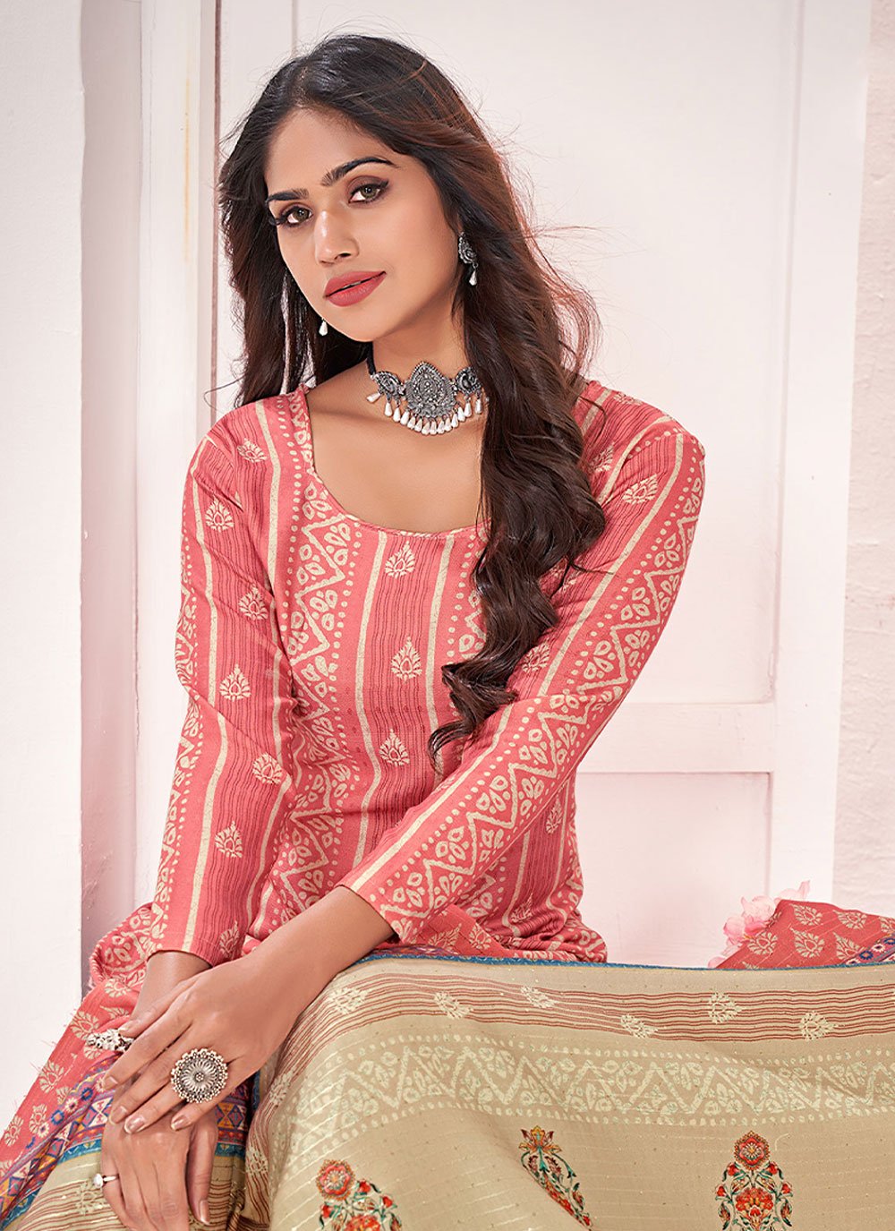 Palazzo Salwar Suit Pashmina Peach Digital Print Salwar Kameez
