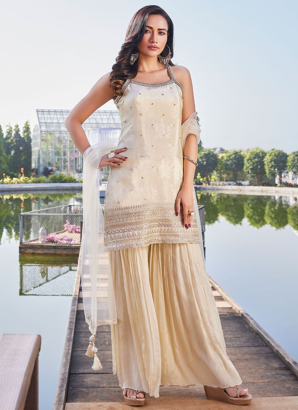 Palazzo Salwar Suit Silk Cream Embroidered Salwar Kameez