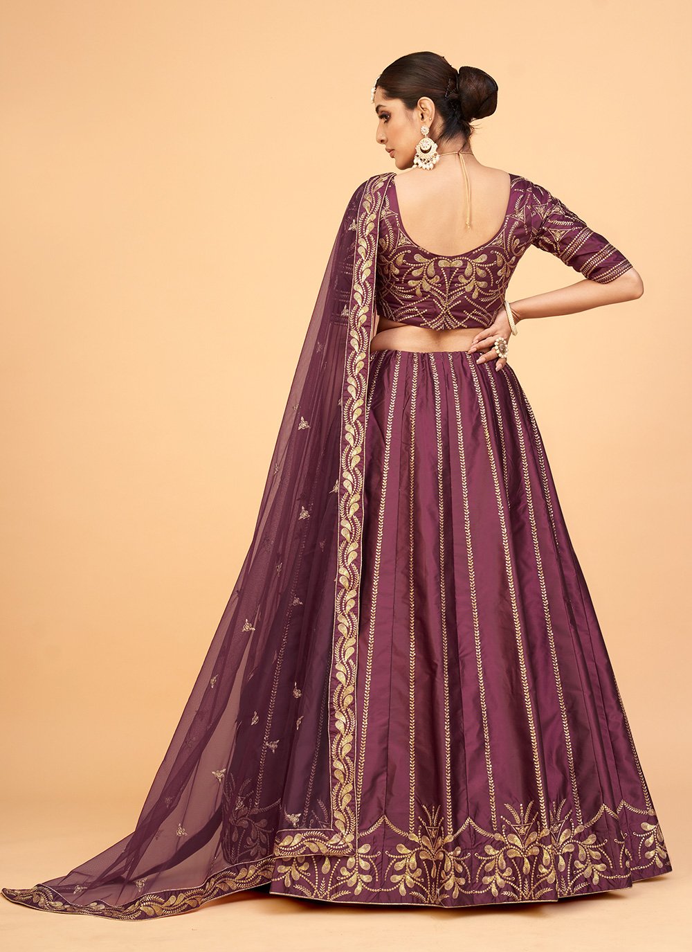 A Line Lehenga Silk Maroon Embroidered Lehenga Choli
