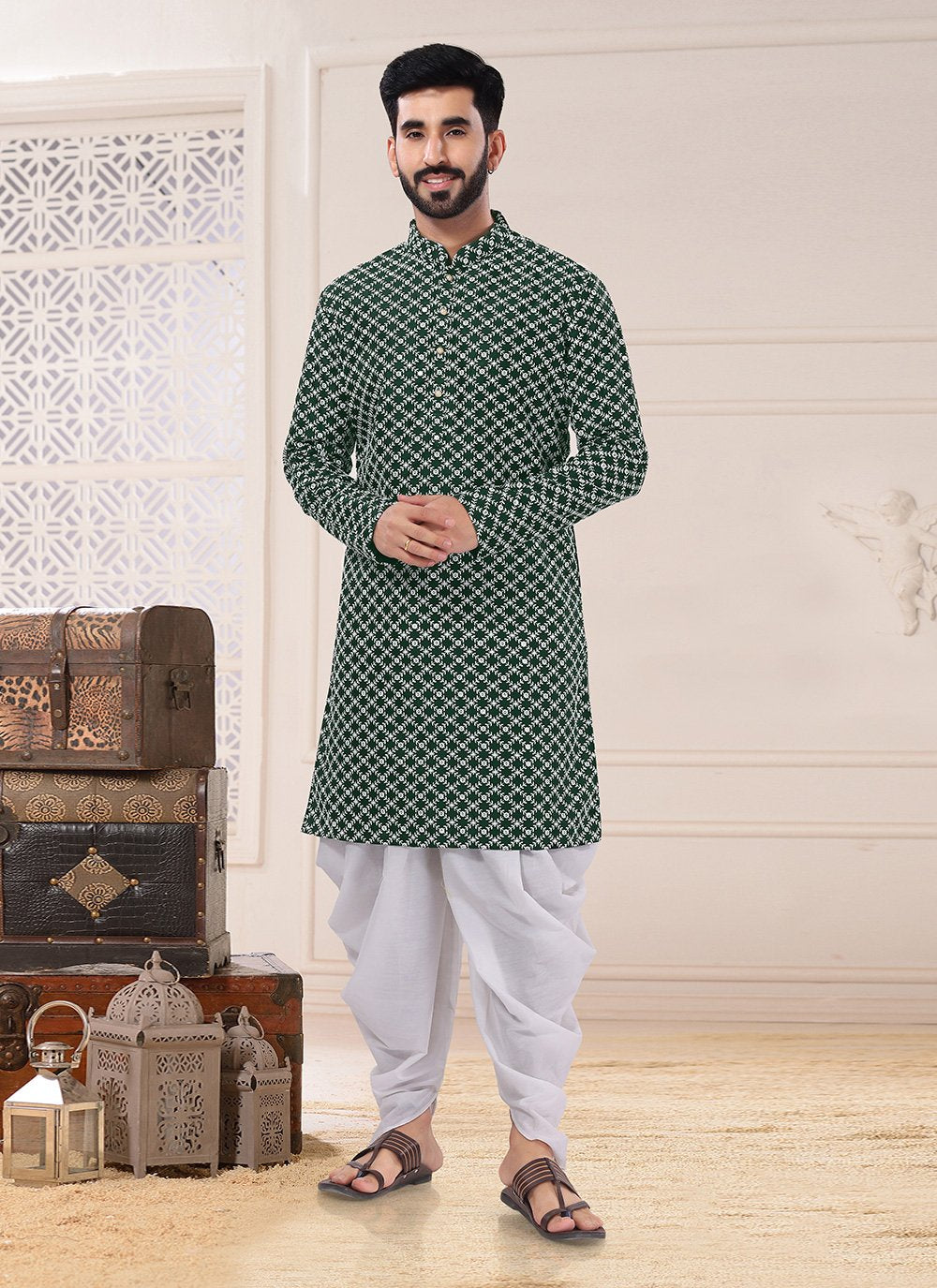 Dhoti Kurta Silk Green Embroidered Mens