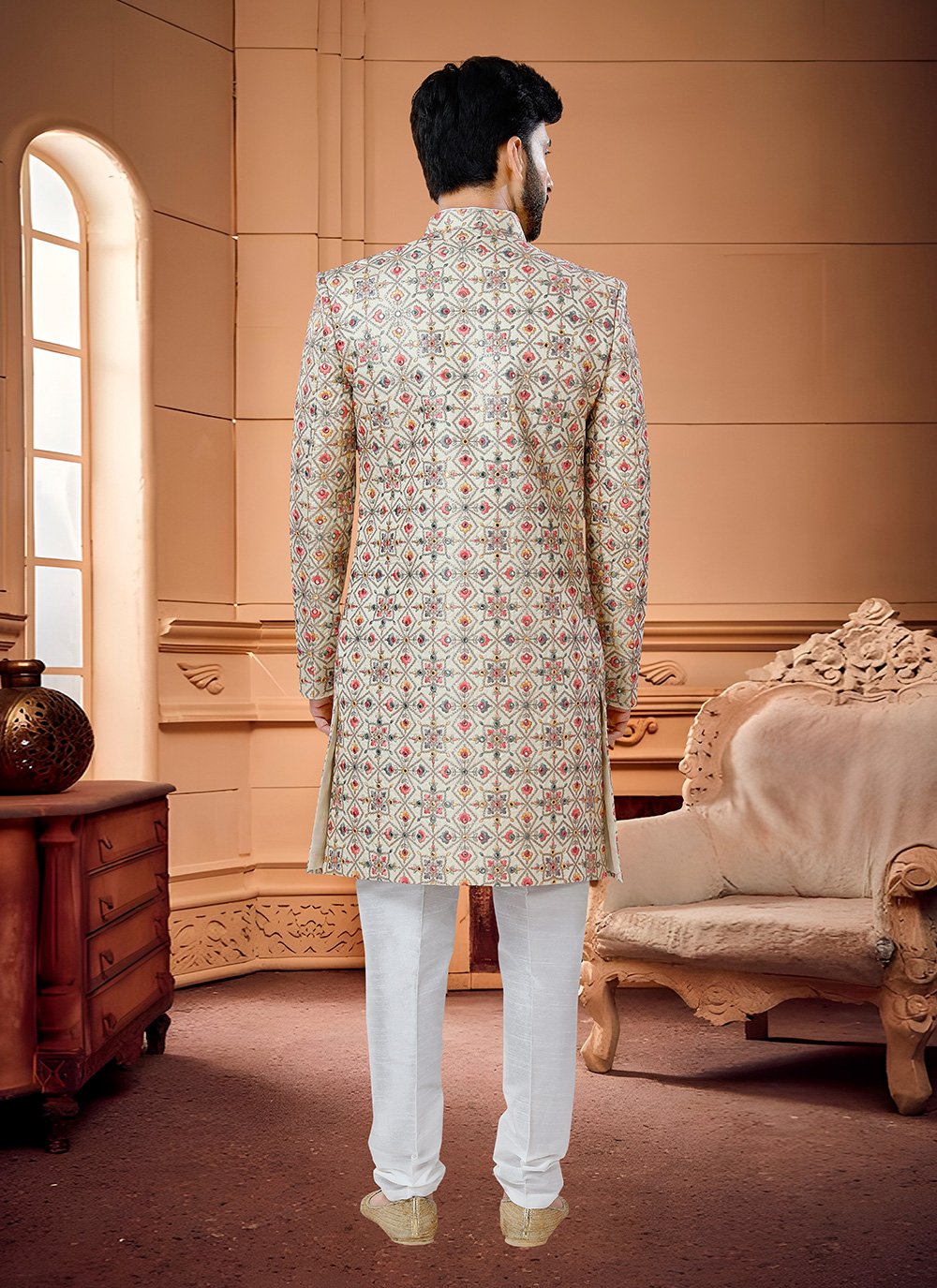 Indo Western Sherwani Silk Beige Embroidered Mens