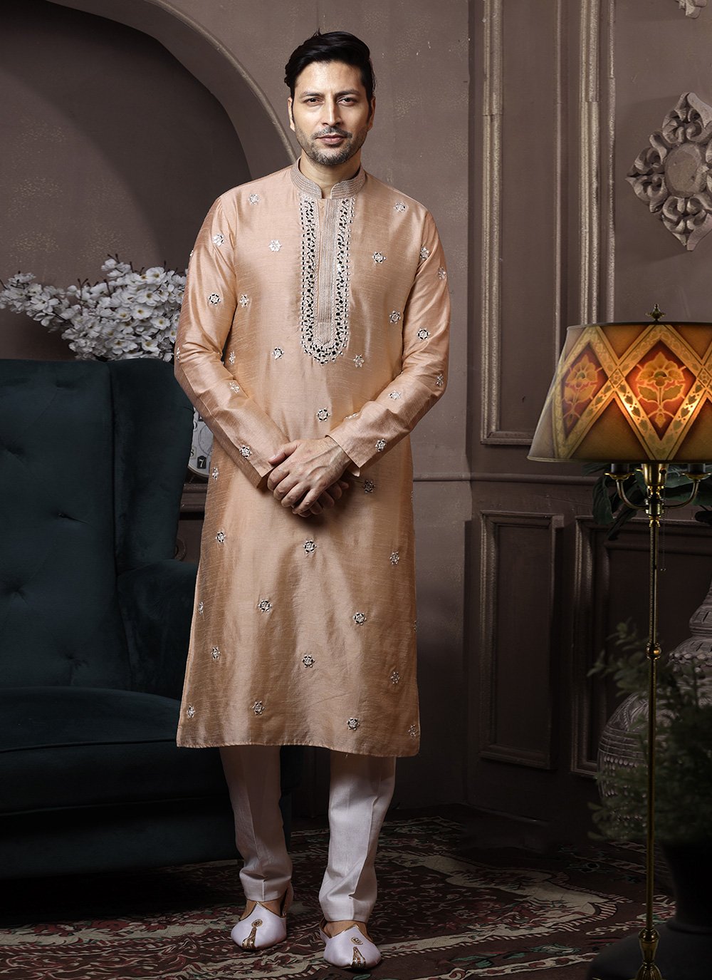 Kurta Pyjama Silk Beige Embroidered Mens