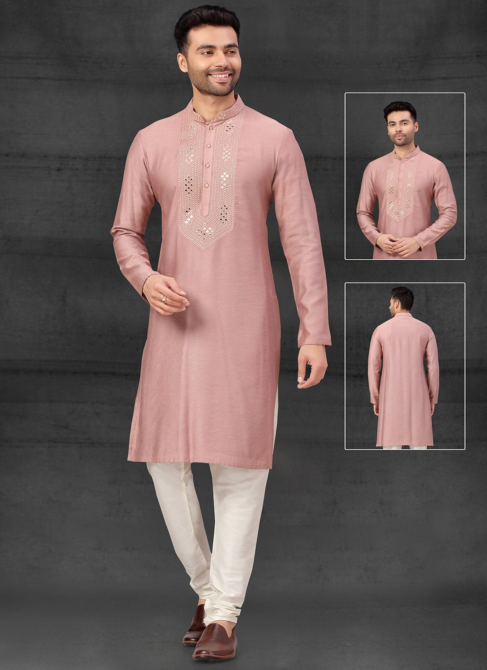 Kurta Pyjama Silk Mauve Embroidered Mens